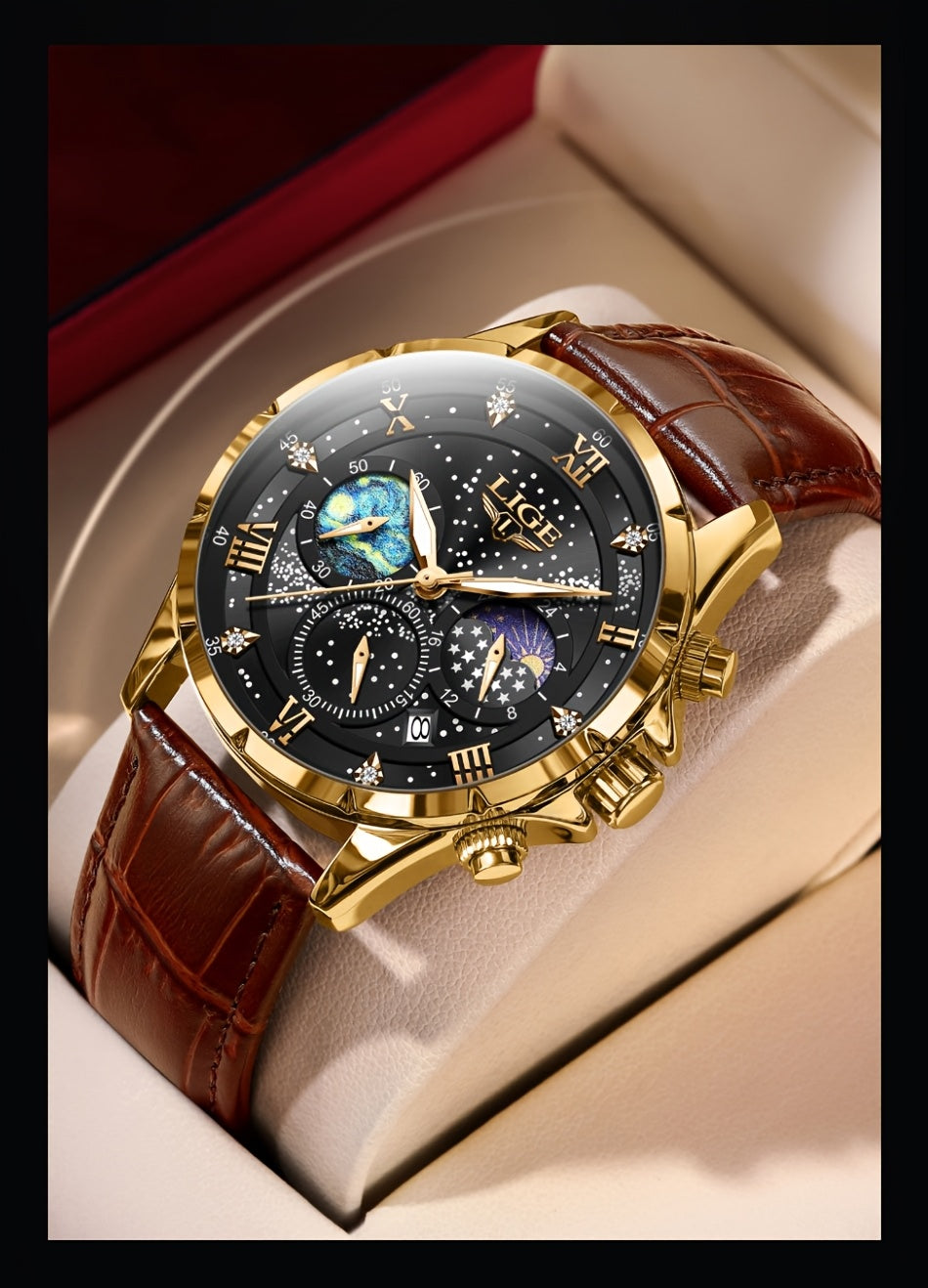 LIGE Luxury Quartz Chronograph Watch with Luminous Hands - Elegant Round Alloy Case, Blue Dial with Roman Numerals, Starry Night Design, Button Battery, Faux Leather Strap, Stylish Accessory|Starry Night Design|Luminous Hands