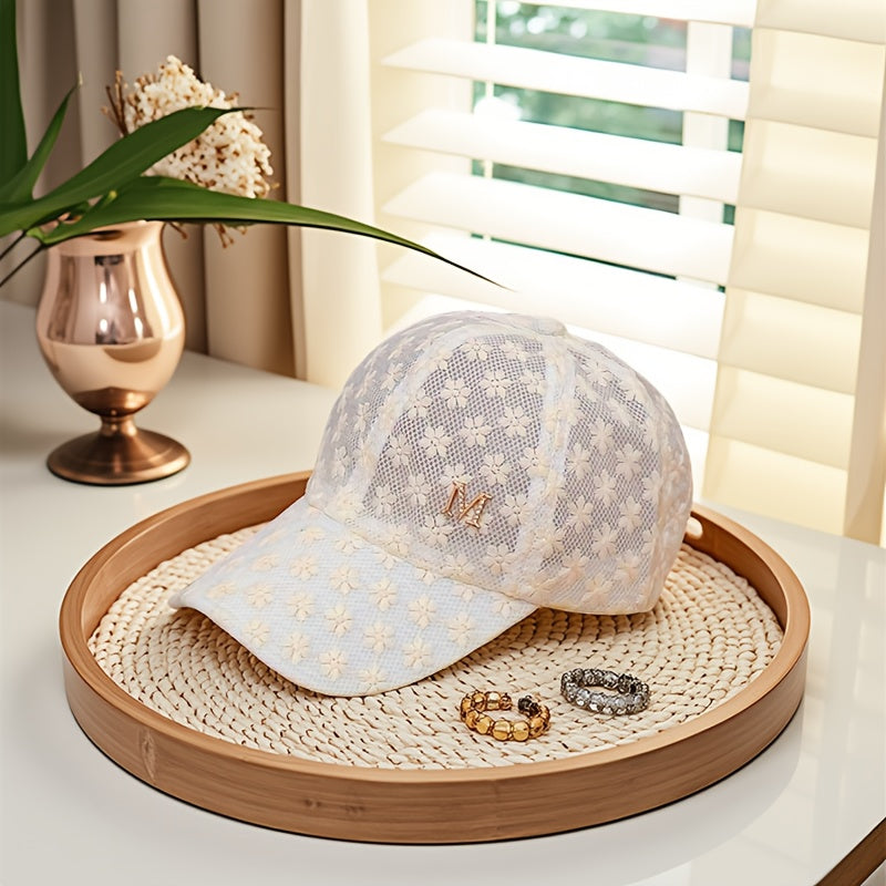 Women's Floral Lace Baseball Cap with Breathable Mesh Back & Embroidered 'M' Detail - Adjustable Snapback Closure, Lightweight Design for Valentine's Day, Casual Outings, City Travel, Outdoor Activities Hat, Embroidered Detai
