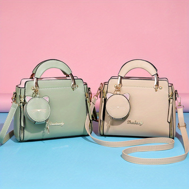Women'S Fashion 2023 Embroidered Cat Design Messenger Bag, Removable Strap, Zipper Closure, Polyester Lined, Casual Shoulder Handbag with Edge Paint Detail
