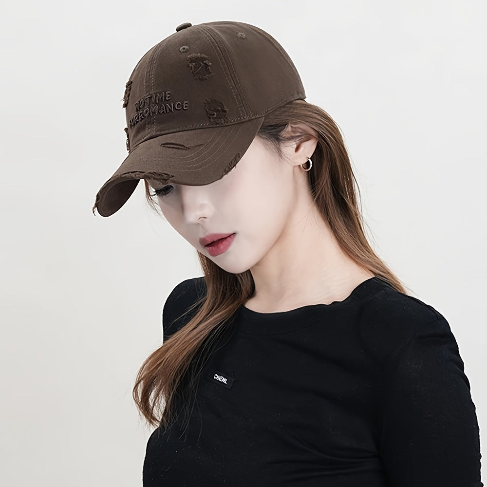 Women's Distressed Embroidered Baseball Cap - Adjustable Lightweight Sun Hat with Wide Brim for Outdoor Travel, Casual Outings & Daily Use, Machine Washable, Outdoor Headwear, Trendy Baseball Cap, Rustic Appeal, Summer Access