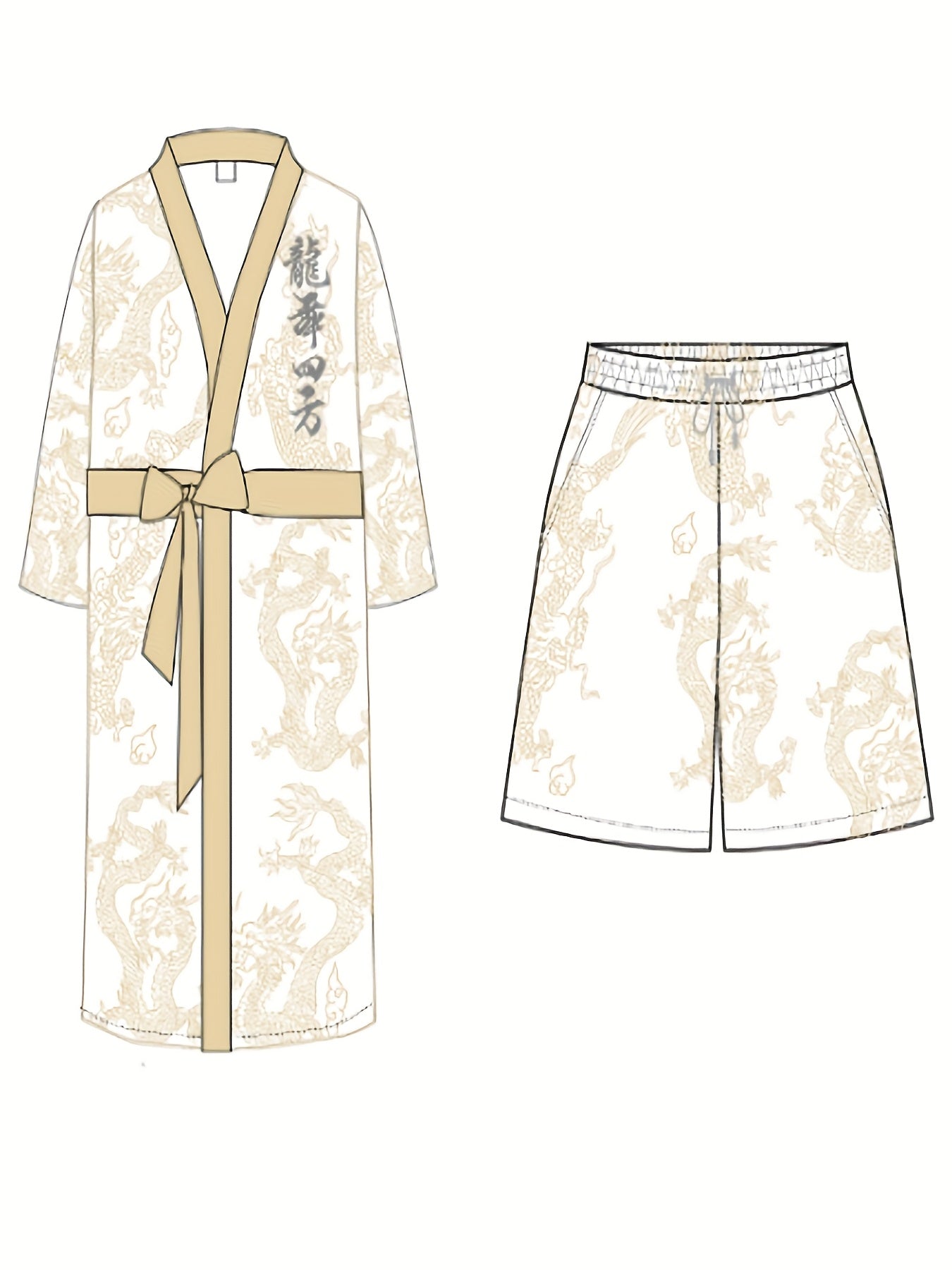 Men'S Dragon Dance Square Dragon Print Robe and Shorts Set - Casual V-Neck, Non-Stretch Polyester Home Wear with Belt Detail, Regular Fit
