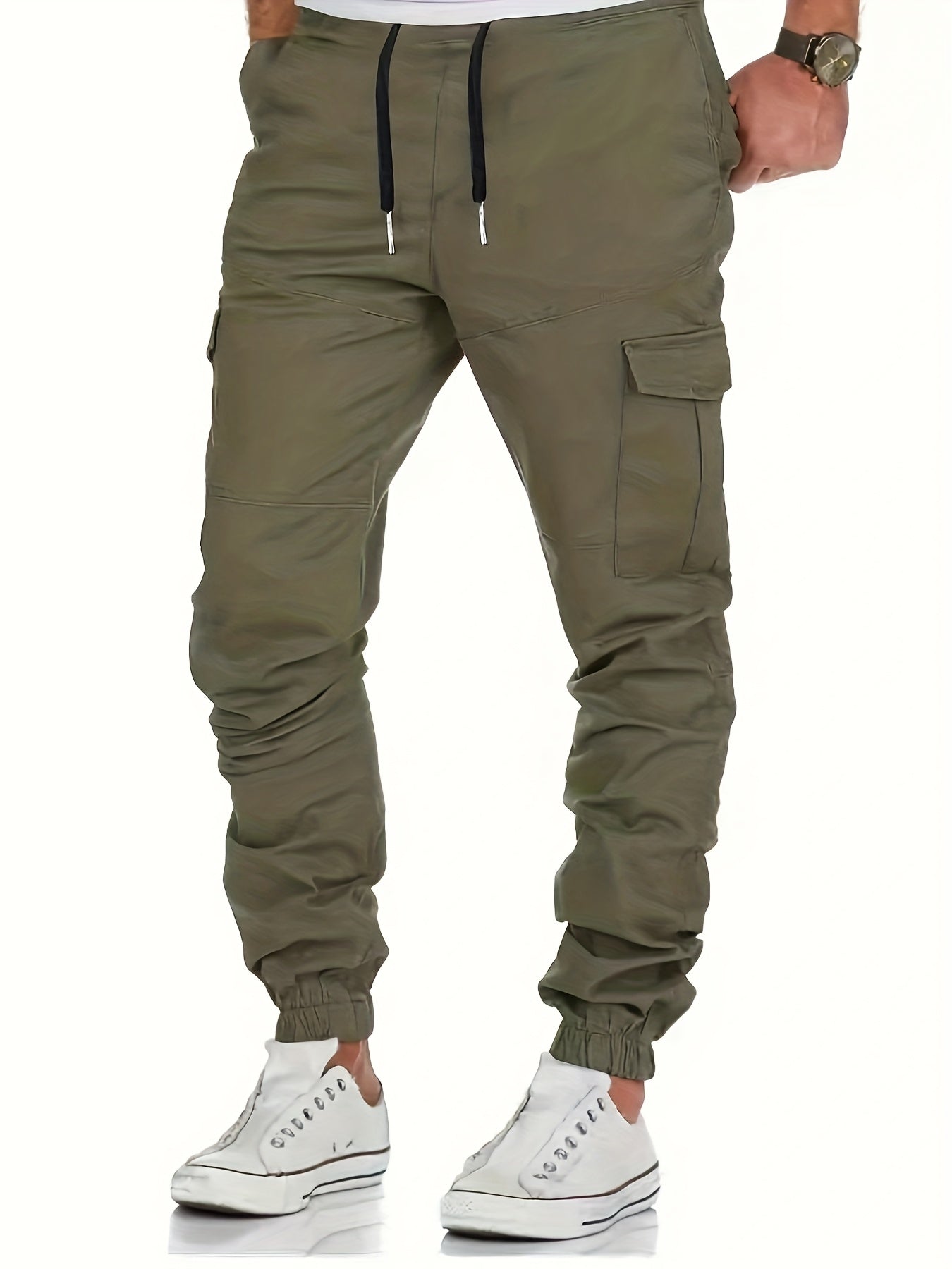 Men's Trendy Solid Footed Cargo Pants With Side Pocket, Comfy Casual Regular Fit Trousers For Men's Outdoor Activities