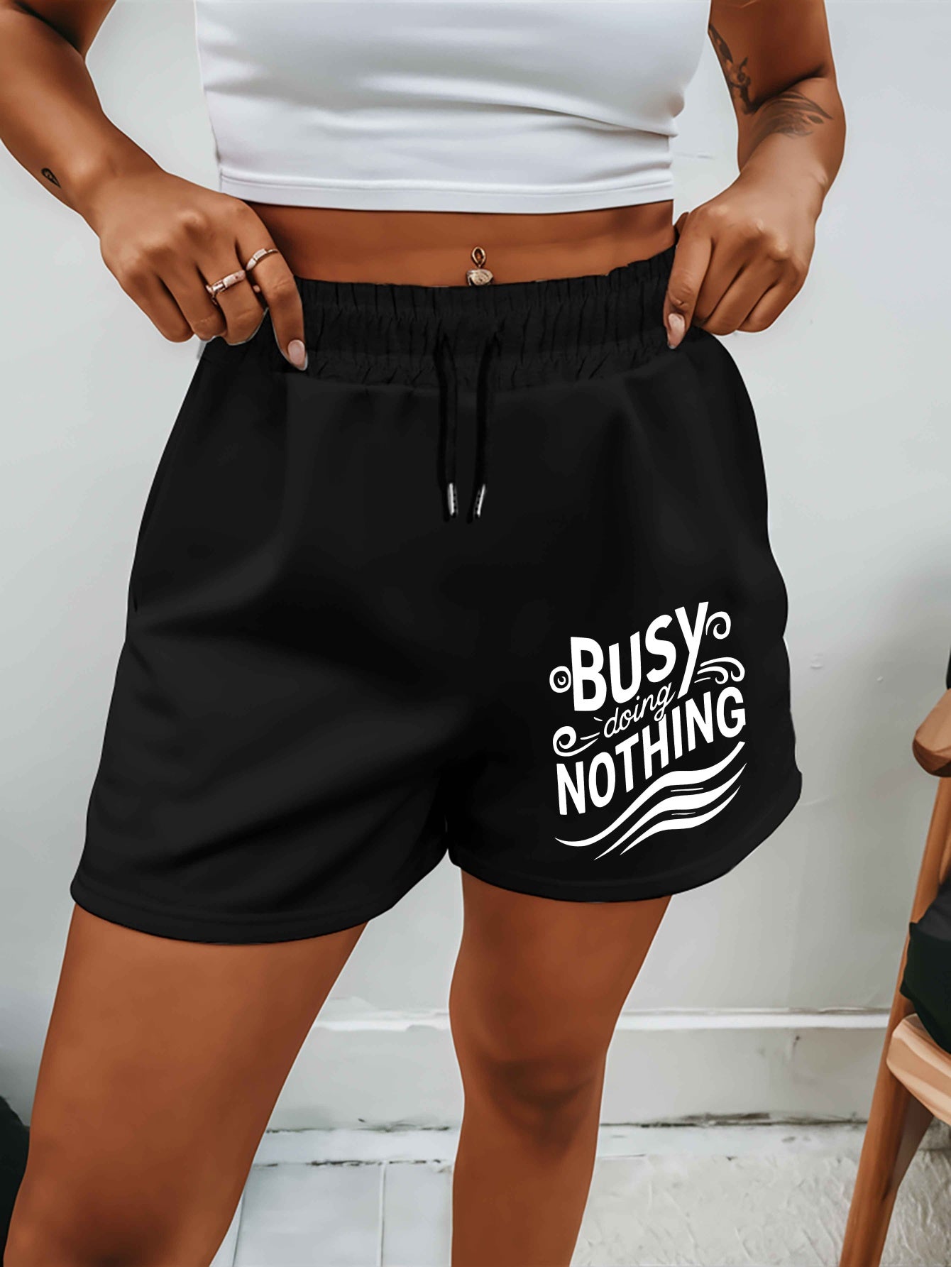Busy doing nothing 2025 New Plus Size Women'S Shorts Summer Casual Versatile Medium Pants Sports American Trendy Outerwear Extra Large Five-Fifth Pants Summer Beach Pants - Polyester, Casual, Summer, Track Shorts, Slight Stre