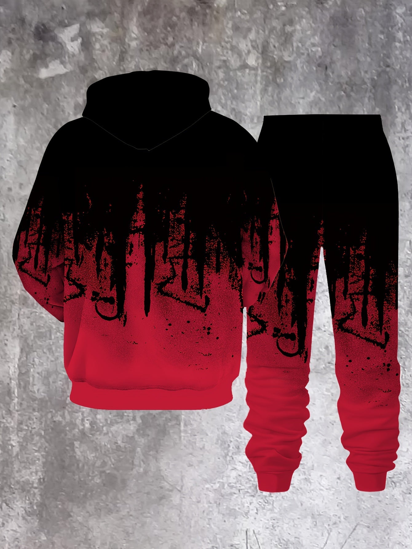Men's Casual Hoodie & Sweatpants Set - Black & Red Contrast, Letter Print Design, Comfort Fit for Spring/Fall