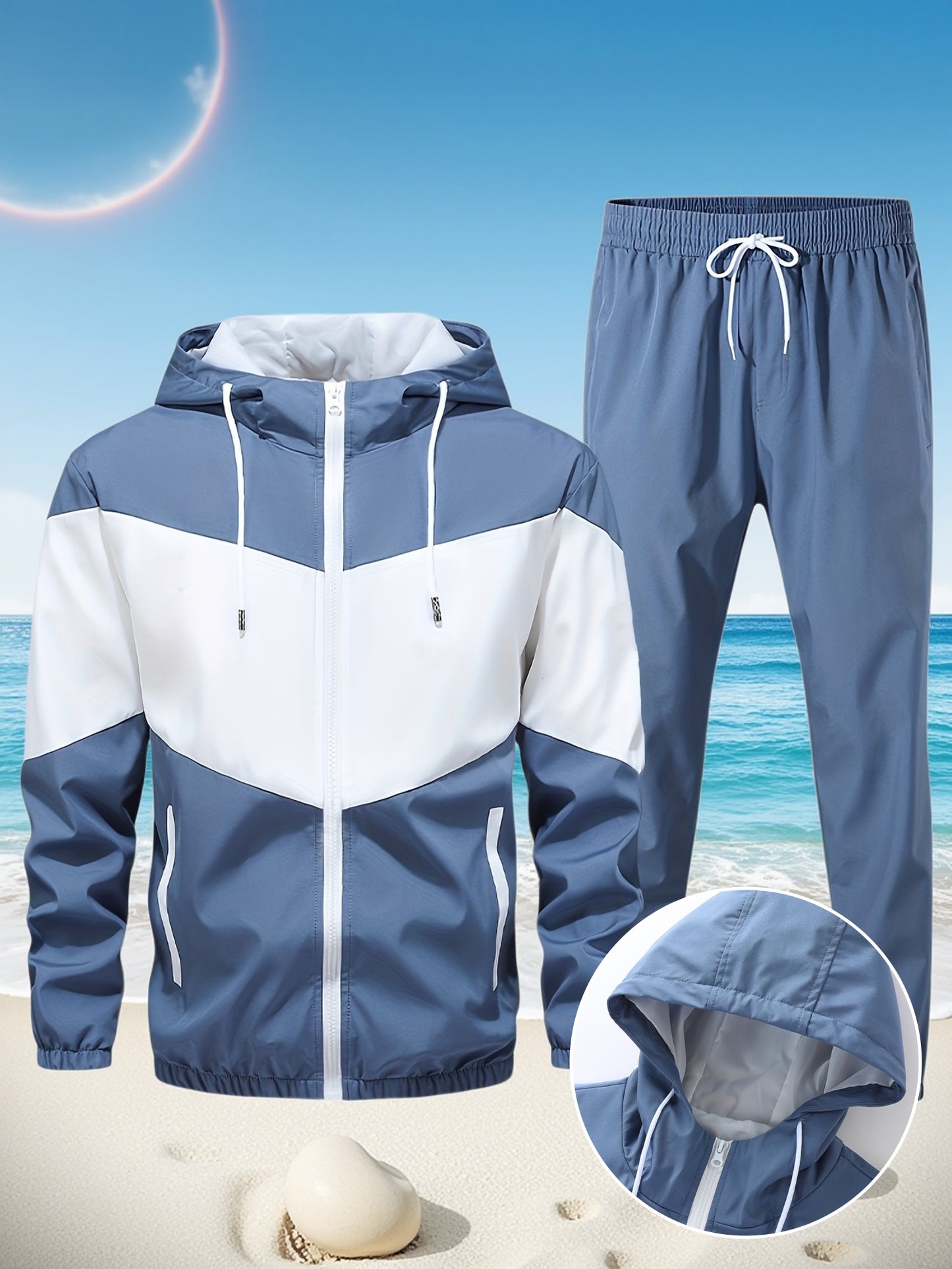 Men's Casual 2-Piece Outfit, Stylish Color Block Zip Up Hooded Jacket, Breathable Solid Color Drawstring Pants