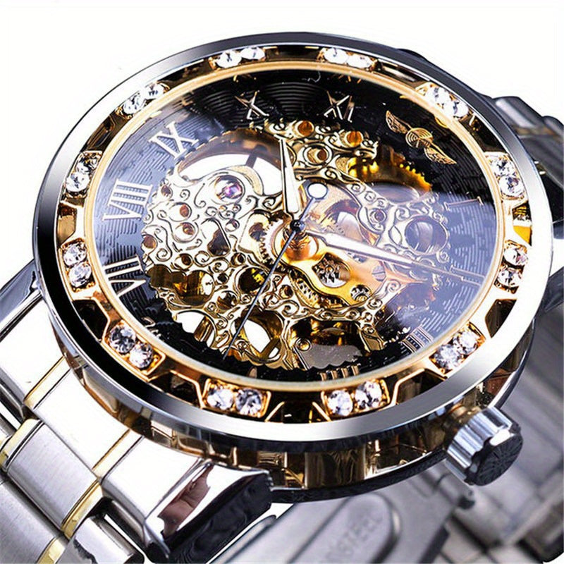Fashion Classic Roma Watch Men Luxury Golden Skeleton Mechanical Hand Watches Casual Business Wristwatches Men Blue & Golden Accents, Casual Yet Versatile, Best Seller, Ideal Gift, Mechanical Movement, Watch Accessories, With