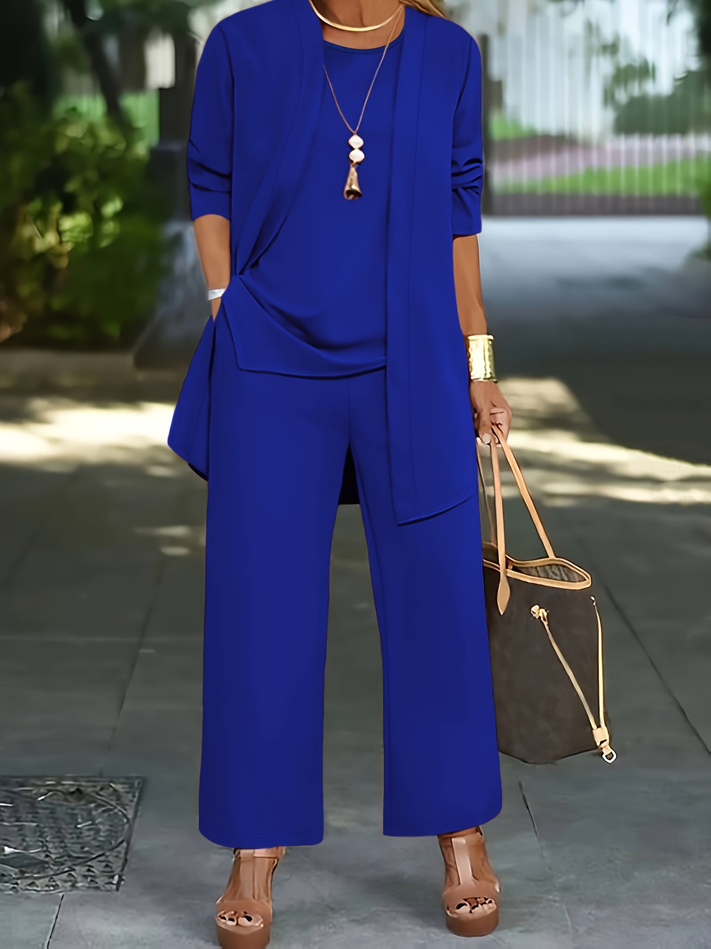 Plus Size - Spring and Autumn Women'S Simple Casual Solid Color Jacket Top Cardigan + Round Neck Sleeveless Vest + Elastic Waist Drape Pocket Straight Pants Three-Piece Set Commuting Suit