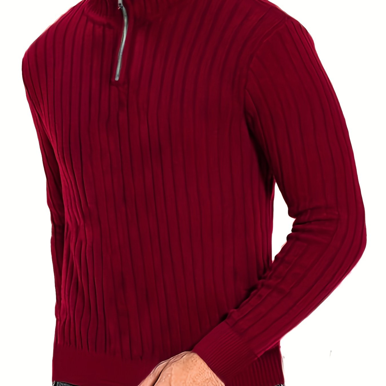 Men'S Casual Polyester Sweater, Solid Color, High Neck Quarter Zip, Long-Sleeved Pullover, Regular Fit, 100% Polyester Knit Fabric, 230g/m² - Fall/Winter Essential
