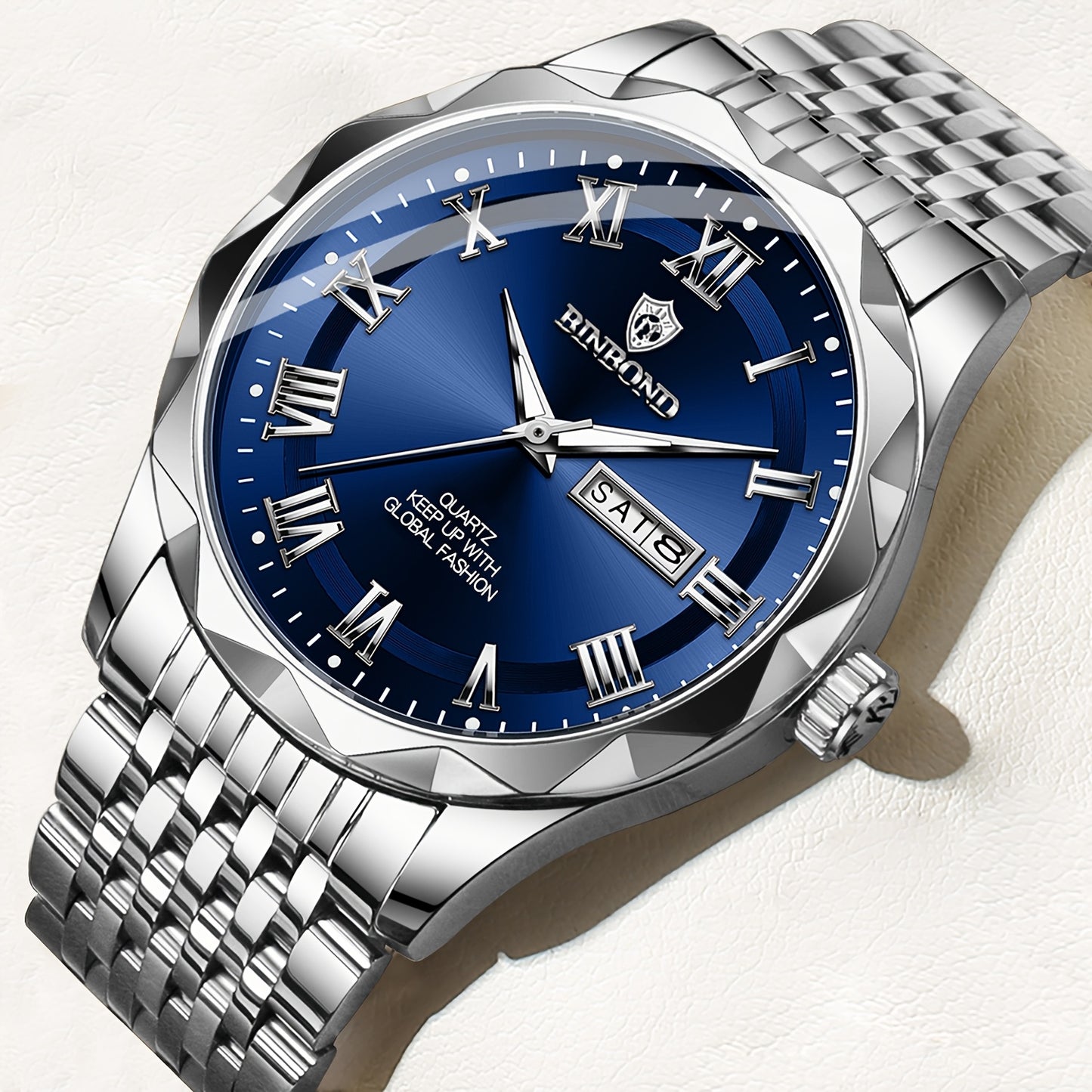 BINBOND Men'S Quartz Watch - Waterproof, Stainless Steel, Luxury Business Style with Stopwatch & Date Display, Blue & Silvery Dial, Electronic Movement, IP67 Rating, Elegant Male Wristwatch for Professional or Casual Wea