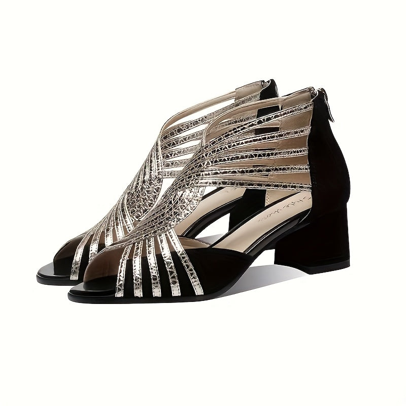 Women's Roman Gladiator Sandals - Chunky Mid-Heel Open-Toe Zipper Closure, Breathable PU Cover Strappy Ankle Strap for Spring, Casual & Formal Events