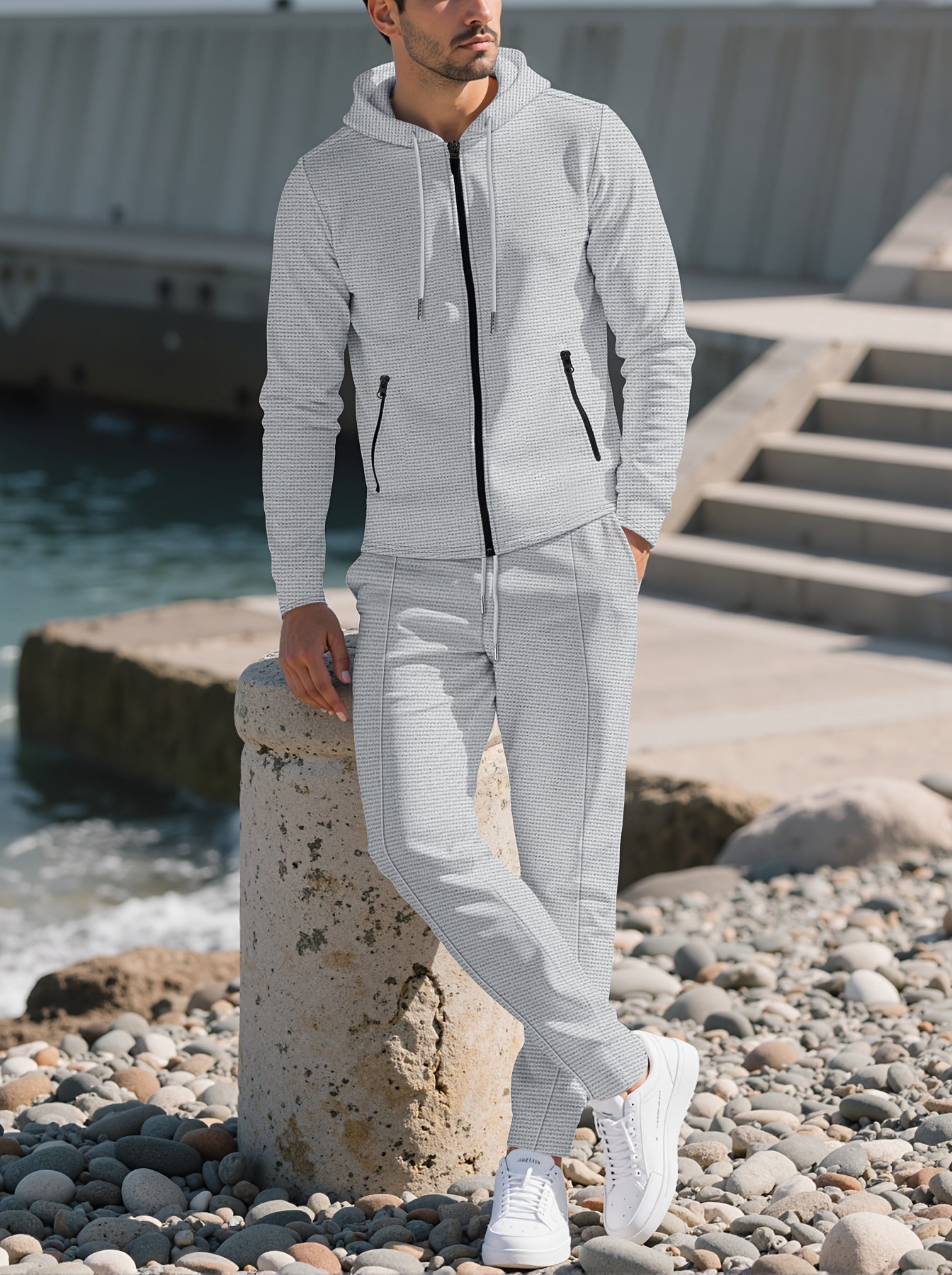 New Style Autumn Men's 2pcs Set, Casual Hooded Long Sleeve Zip-Up Sweatshirt and Drawstring Jogger Pants with Pockets, All-Season Outfit for Men