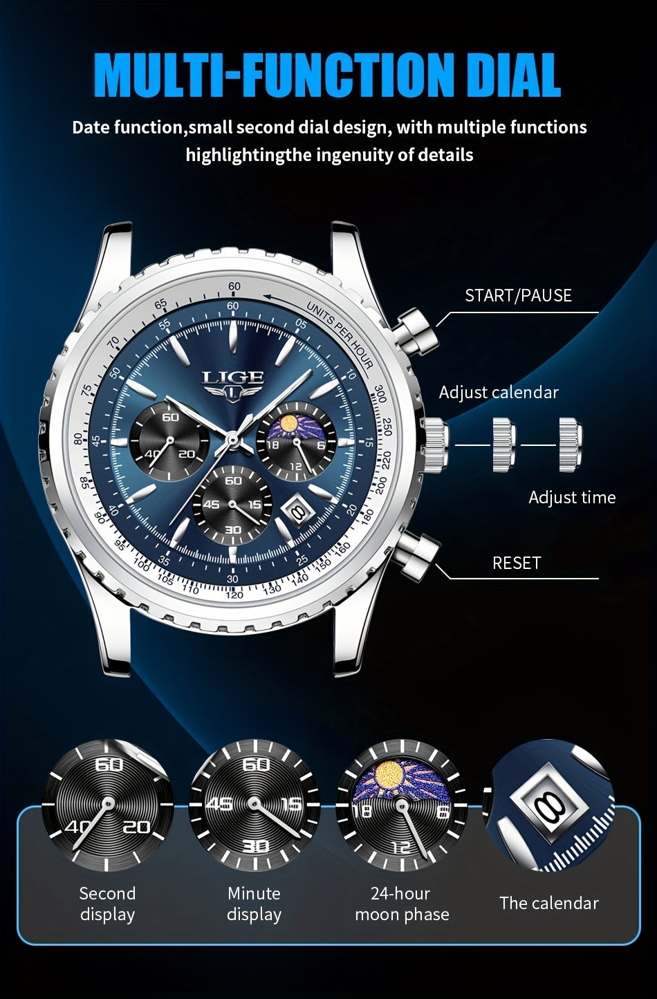 LIGE Top Brand Luxury New Quartz Watch for Women, Luminous Fashion Timepiece for Ladies, Date Chronograph Sports Wristwatch, Men'S Watch