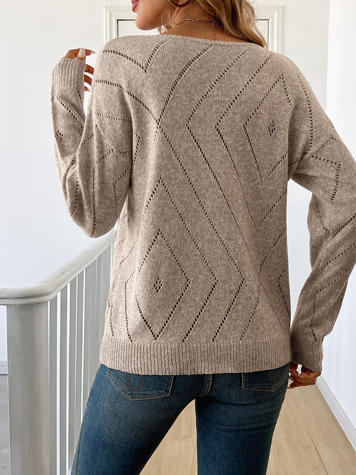 Women'S Acrylic Knit Pullover Sweater, Drop Shoulder Long Sleeve, Solid Color, Medium Stretch, Regular Fit, with Boat Neck Collar for Spring/Fall