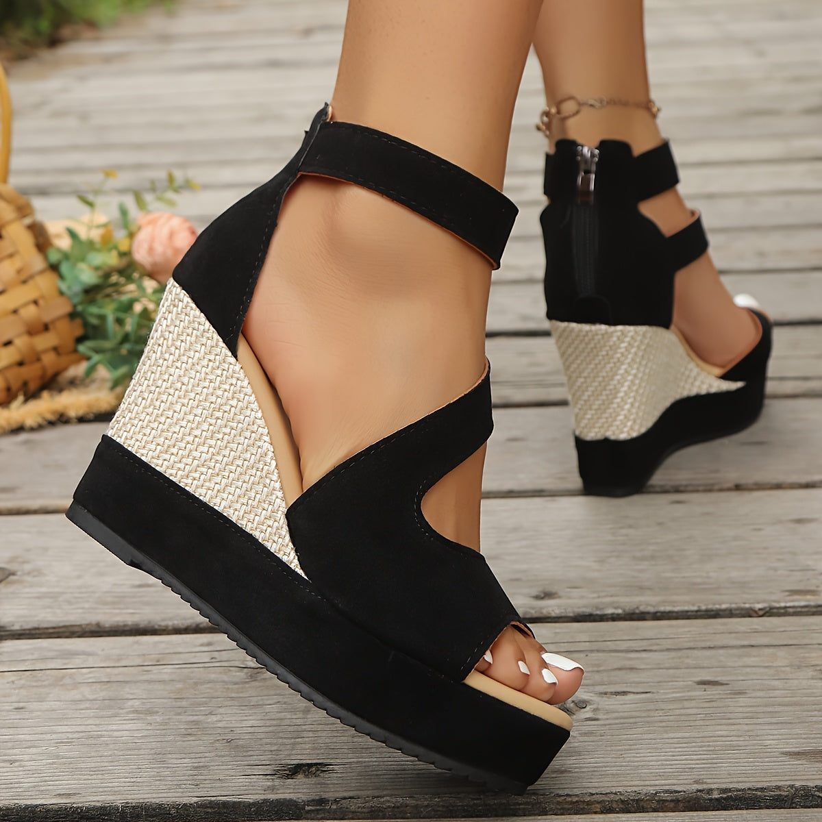 Women'S Black Platform Wedge Sandals - Open Toe, Zipper, Textured Design, High Heel, Comfortable for All Seasons, Casual Footwear | Platform Wedge Sandals | Rubber Sole