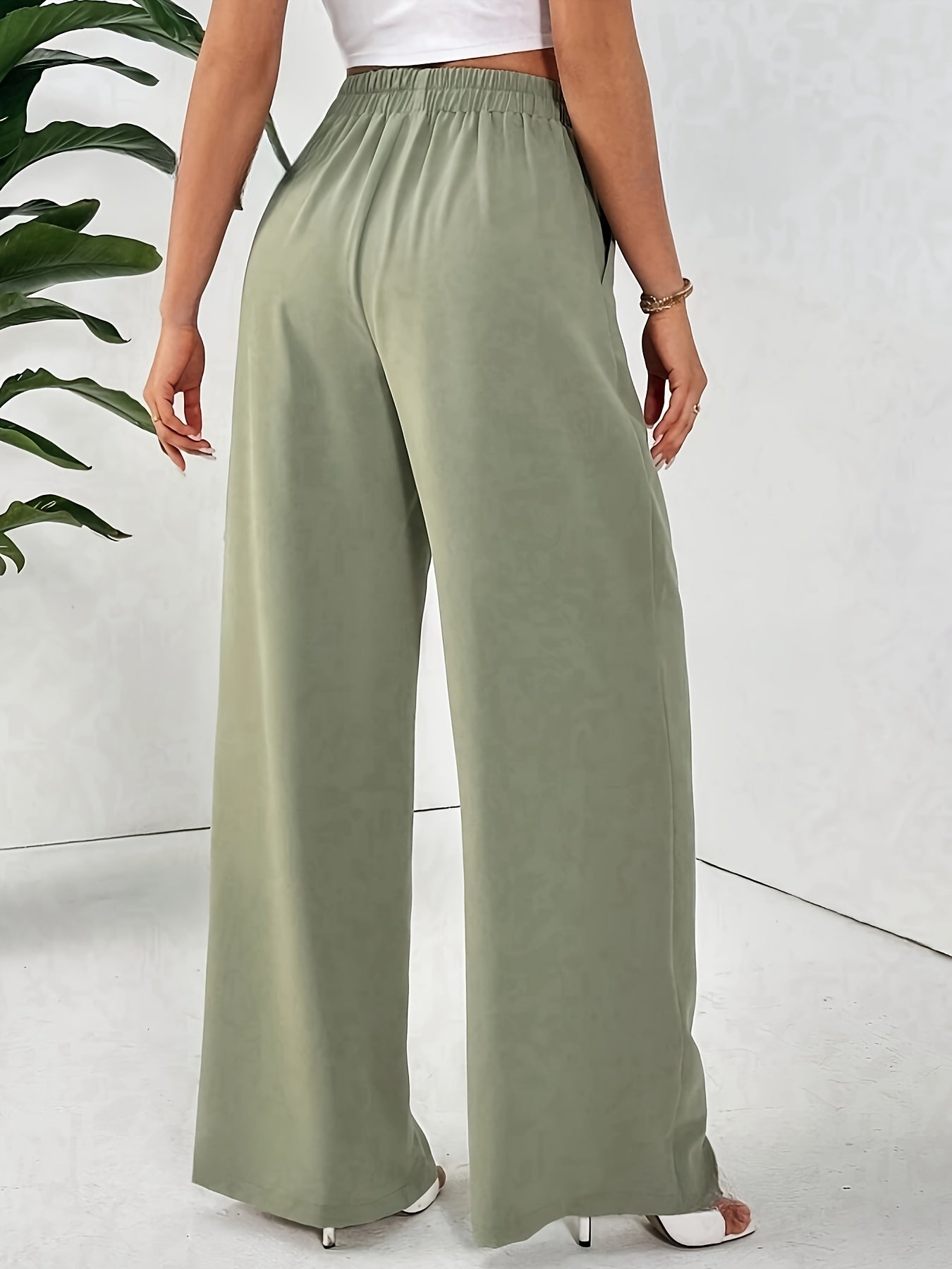 Women'S Stylish Gray Wide Leg Pants with Elastic Waistband and Double Pockets - Perfect for Office, Commuting, or Casual Wear