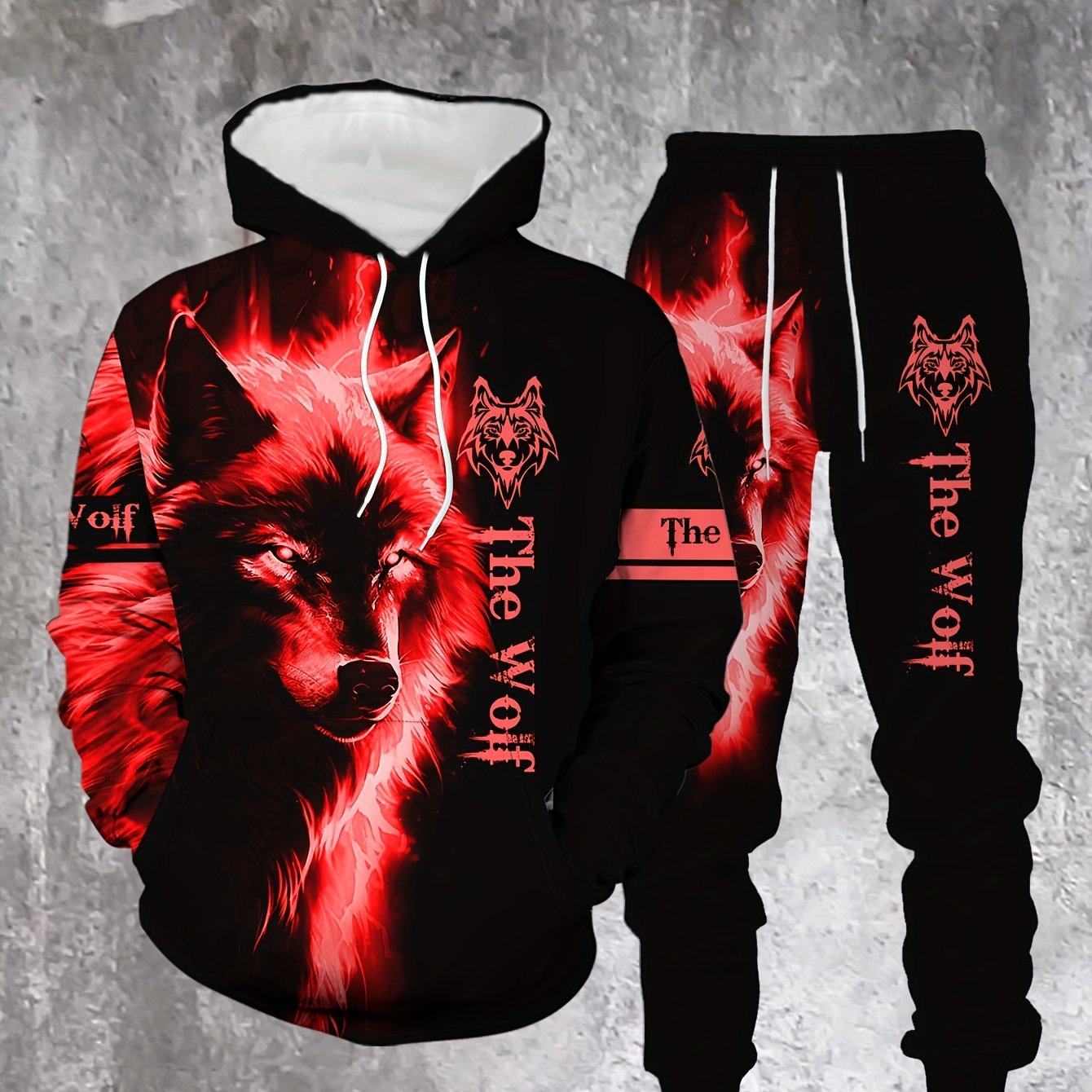 Men'S Wolf Print Hooded Sweatshirt and Joggers Set, Casual Polyester Knit Fabric, Slight Stretch, Regular Fit, Comfortable Long Sleeve Pullover for Spring/Fall, Weekend Casual Wear