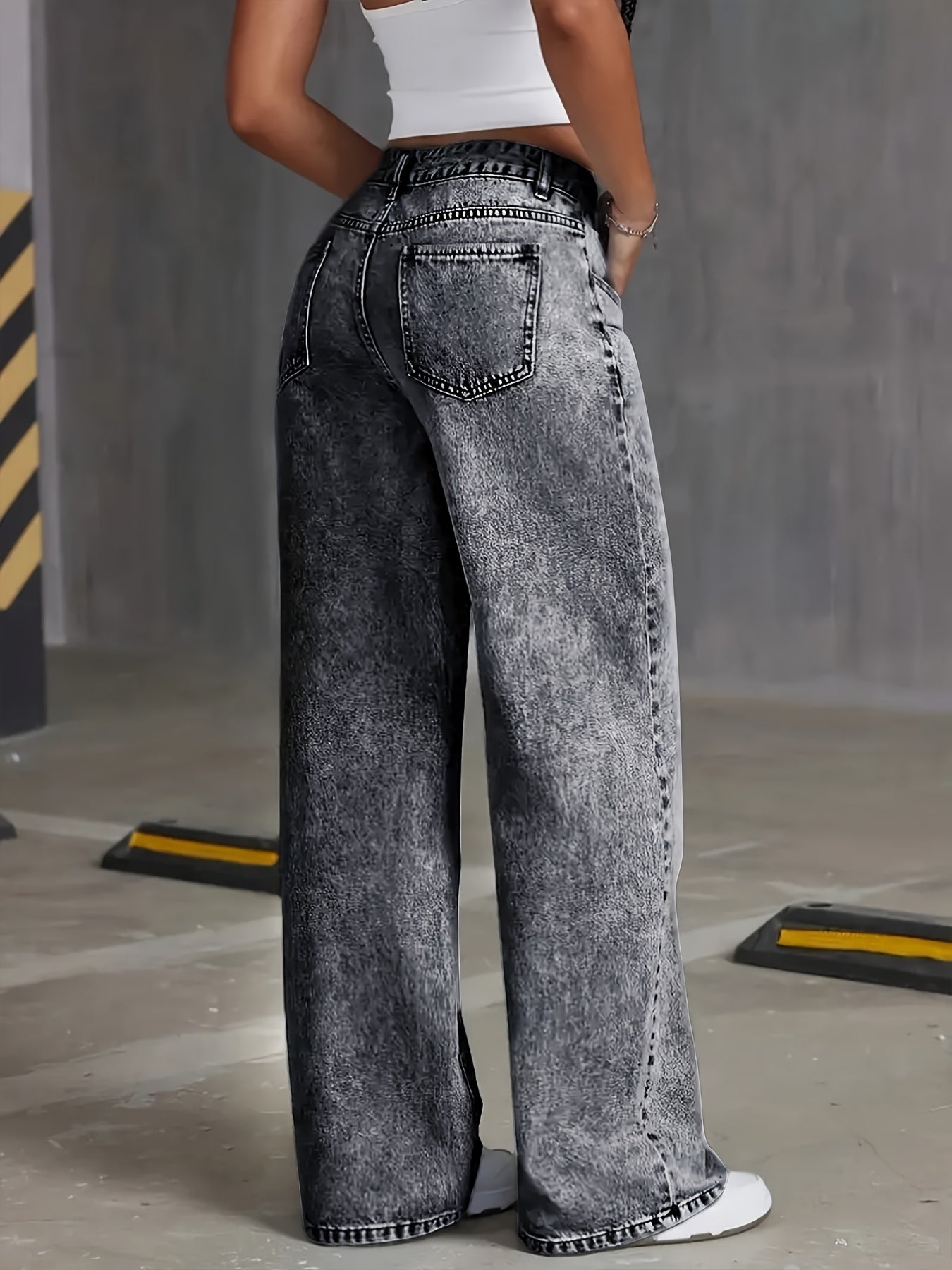 Women'S Fashion High-Waist Straight Leg Jeans, Casual Denim Cotton Blend, Medium Stretch, Solid Color, with Snowflake Wash, for All-Season Woven Pants