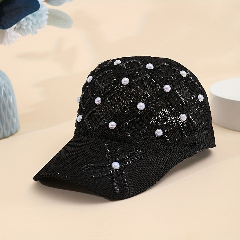 Women'S Adjustable Four-Leaf Clover Faux Pearl Baseball Cap - Breathable Mesh Summer Hat with Snap Closure, Stylish Black Design for Spring/Summer, Summer Headwear | Fashionable Headwear | Mesh Fabric Ca