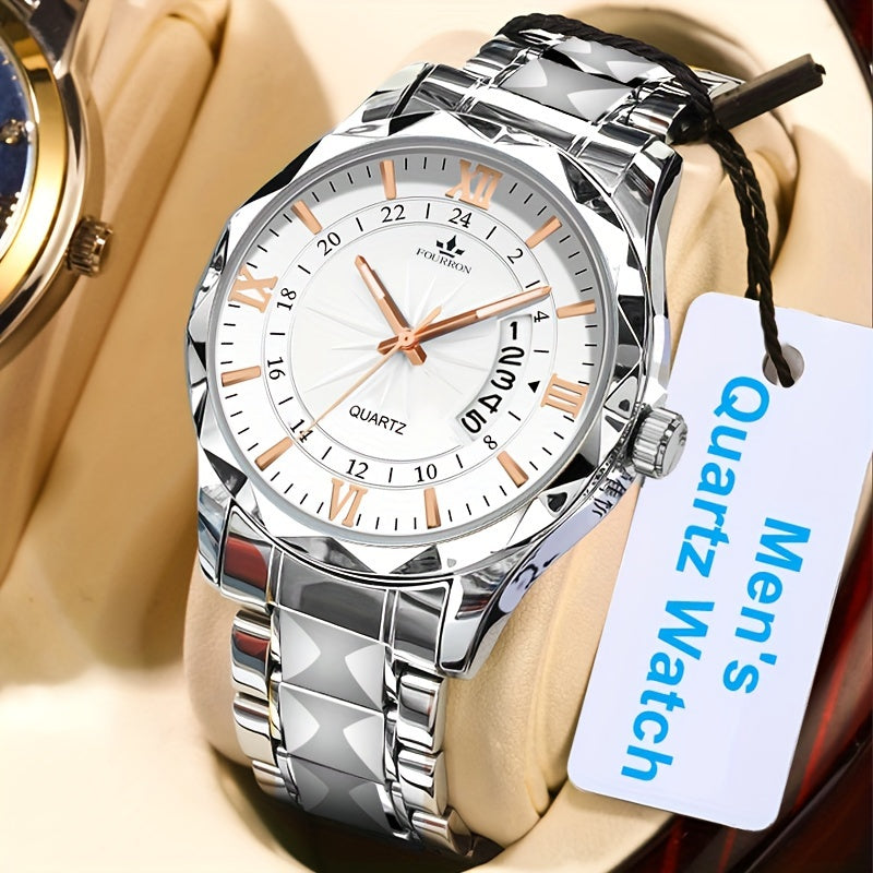 A New FOURRON Brand Men's Quartz Watch With Stainless Steel Strap And Case, Trendy And Luxurious Multi-functional Roman Numeral Dial, Luminous Watch, A Great Gift For Friends' Birthdays, Holidays, And Parties.