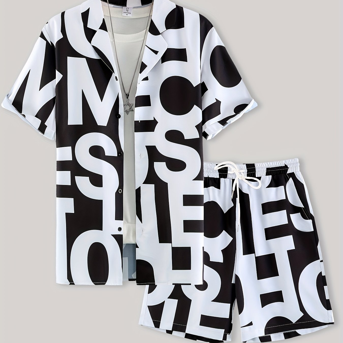 Men's Suit with Black and White Letter Print, Short Sleeve, Open Collar Shirt and Shorts, Casual Set