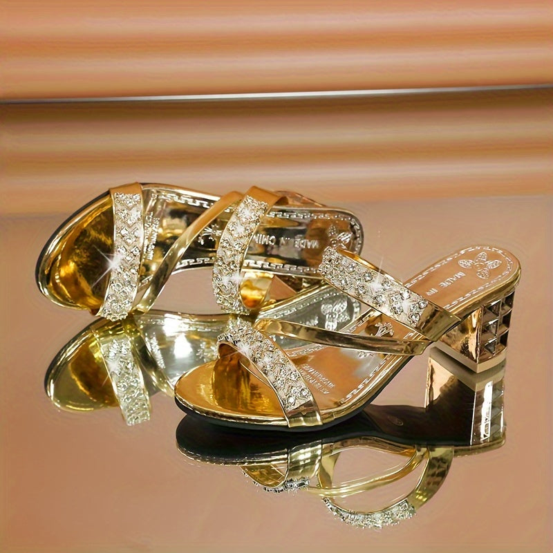 Fashionable Chunky Heel Sandals With Rhinestones