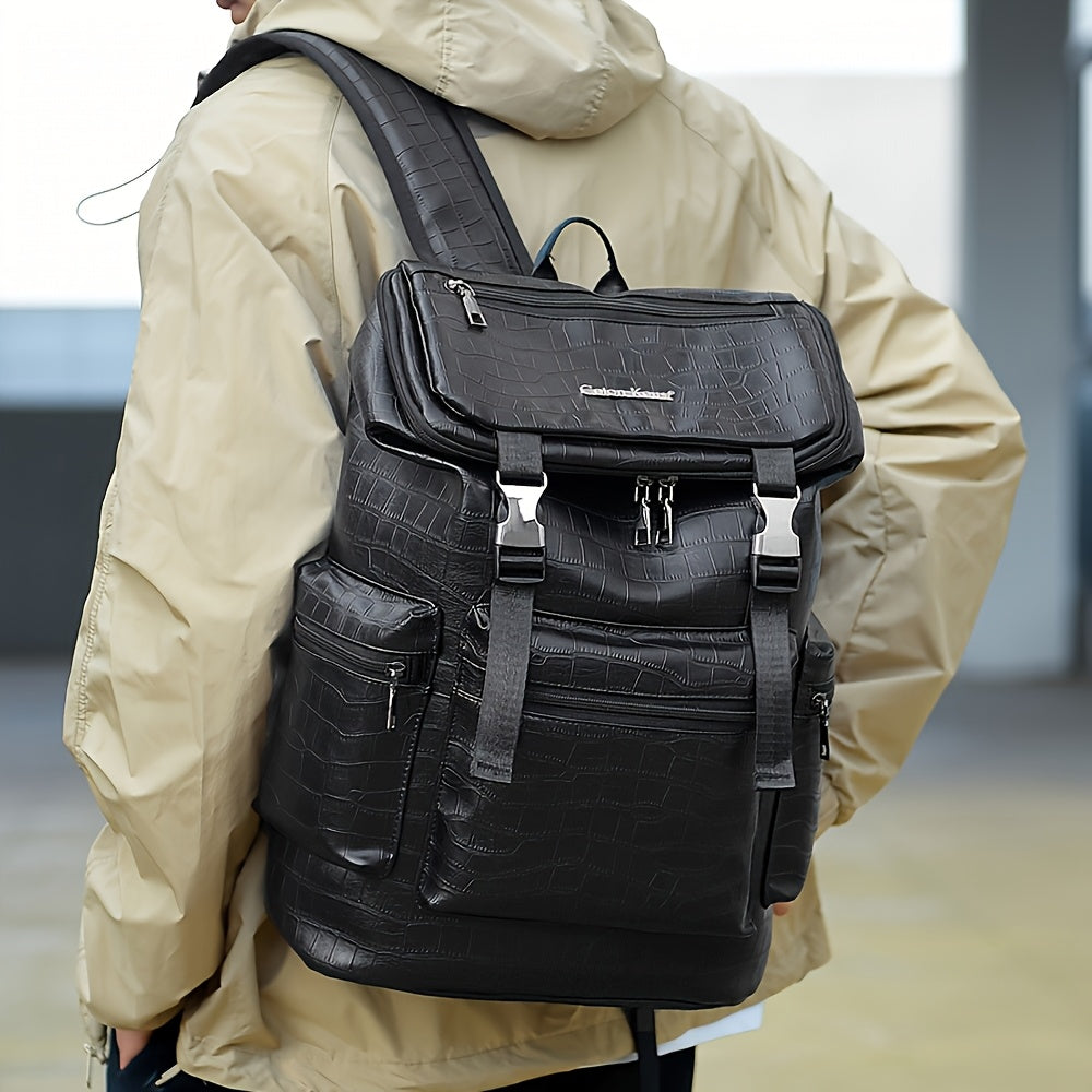 Unisex Backpack with Crocodile Texture, Large Capacity, Anti-Theft, Multi-Compartment, Fits 14-inch Laptop, Casual Travel & Business Commute, Minimalist Style, No Battery - Black