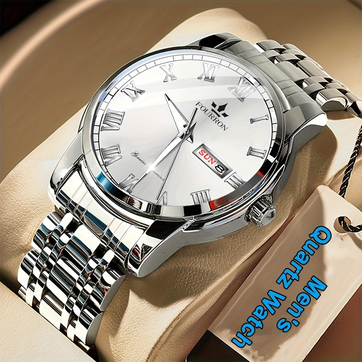 FOURRON Men'S Quartz Watch - Stainless Steel Band, Roman Numerals, Luminous, Waterproof, Ideal for Birthday & Holiday Gifts