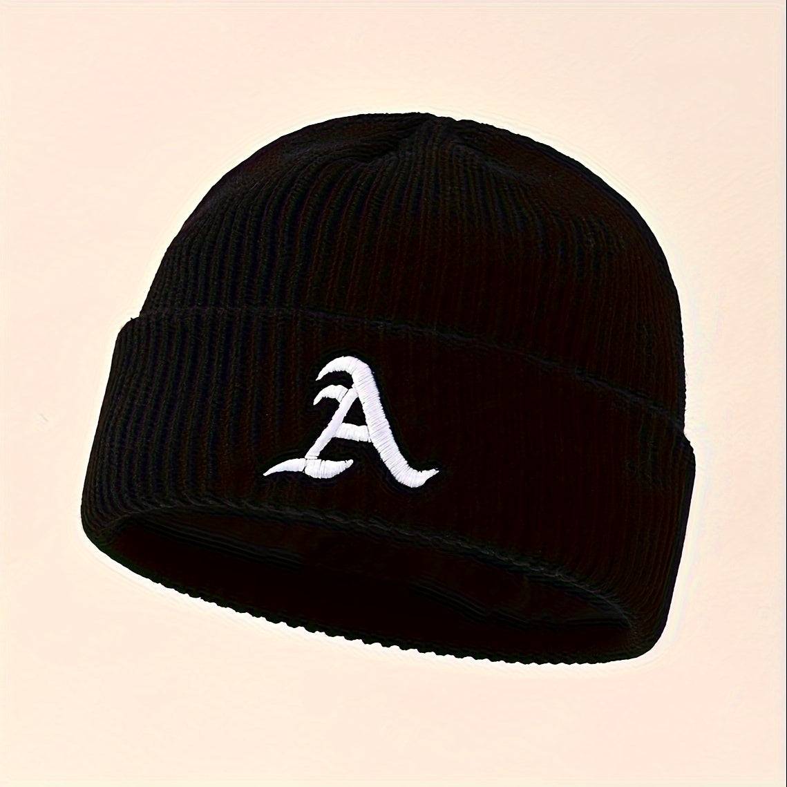 1pc Unisex Classic Brimless Hat With Adjustable Rolled Cuff, Simple Letter Pattern Knitted Hat, Suitable For Winter Daily Wear