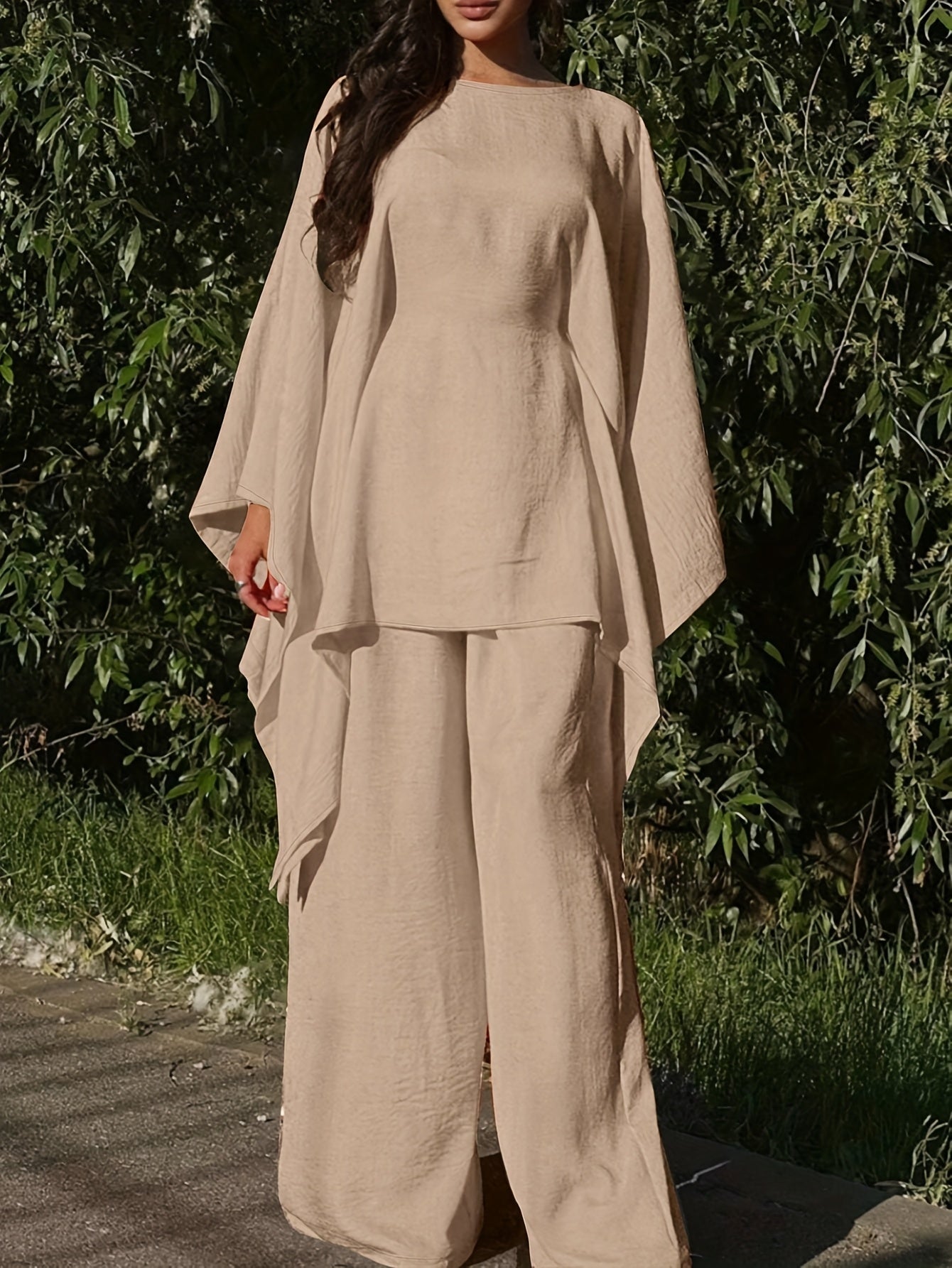 Women'S Holiday Casual Elegant Waist-Cinched Batwing Sleeve Loose Set - Solid Color, All-Season, Allseason Attire|Casual Elegance|Waist Cinching