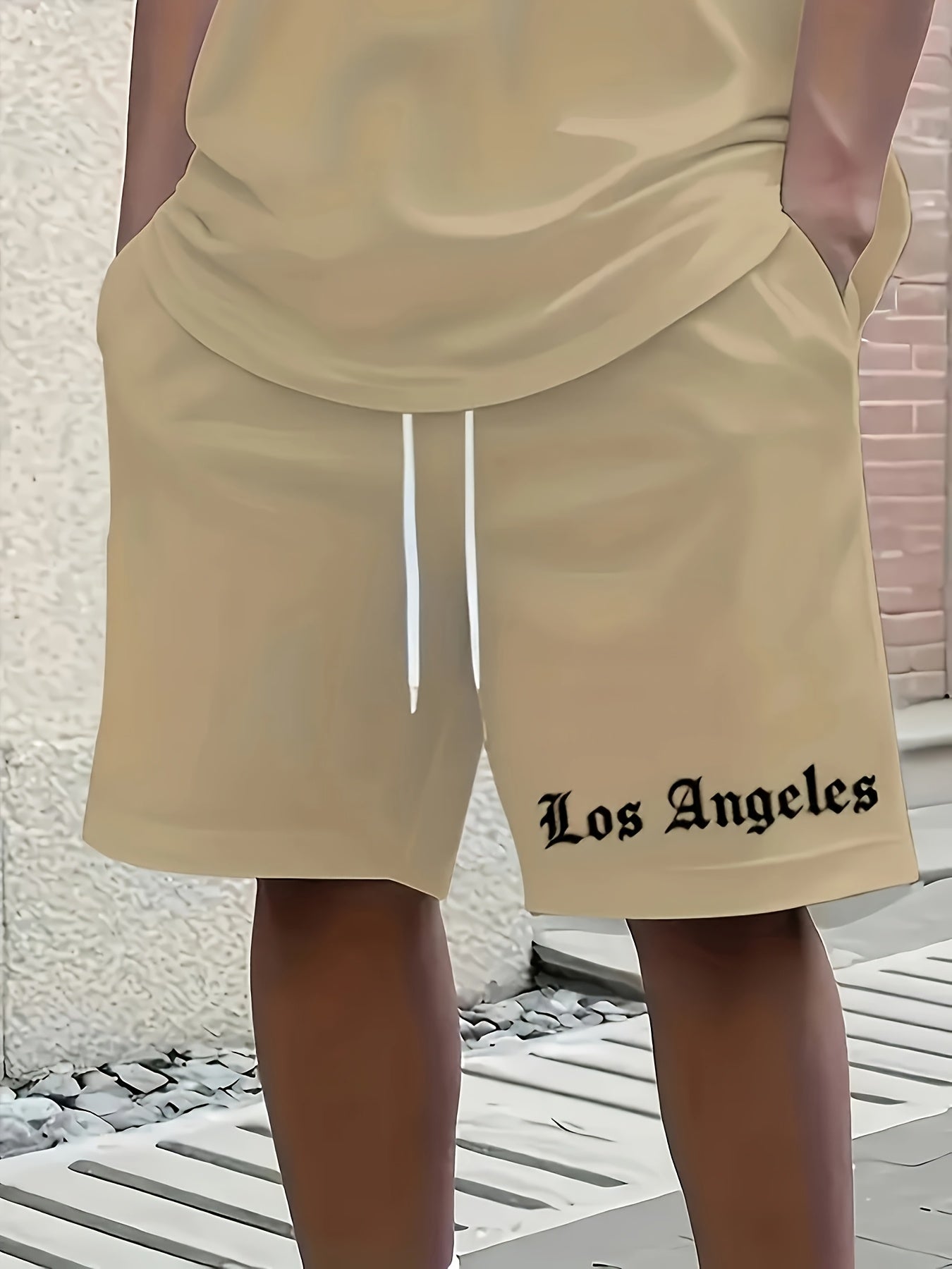 Men'S Los Angeles Graphic Print Casual Sportswear Set - Breathable Summer Short Sleeve T-Shirt & Drawstring Shorts with Pockets, Regular Fit, Crew Neck, Comfortable & Stylish for Casual Attire, Leisure Clothing | Trendy Sport