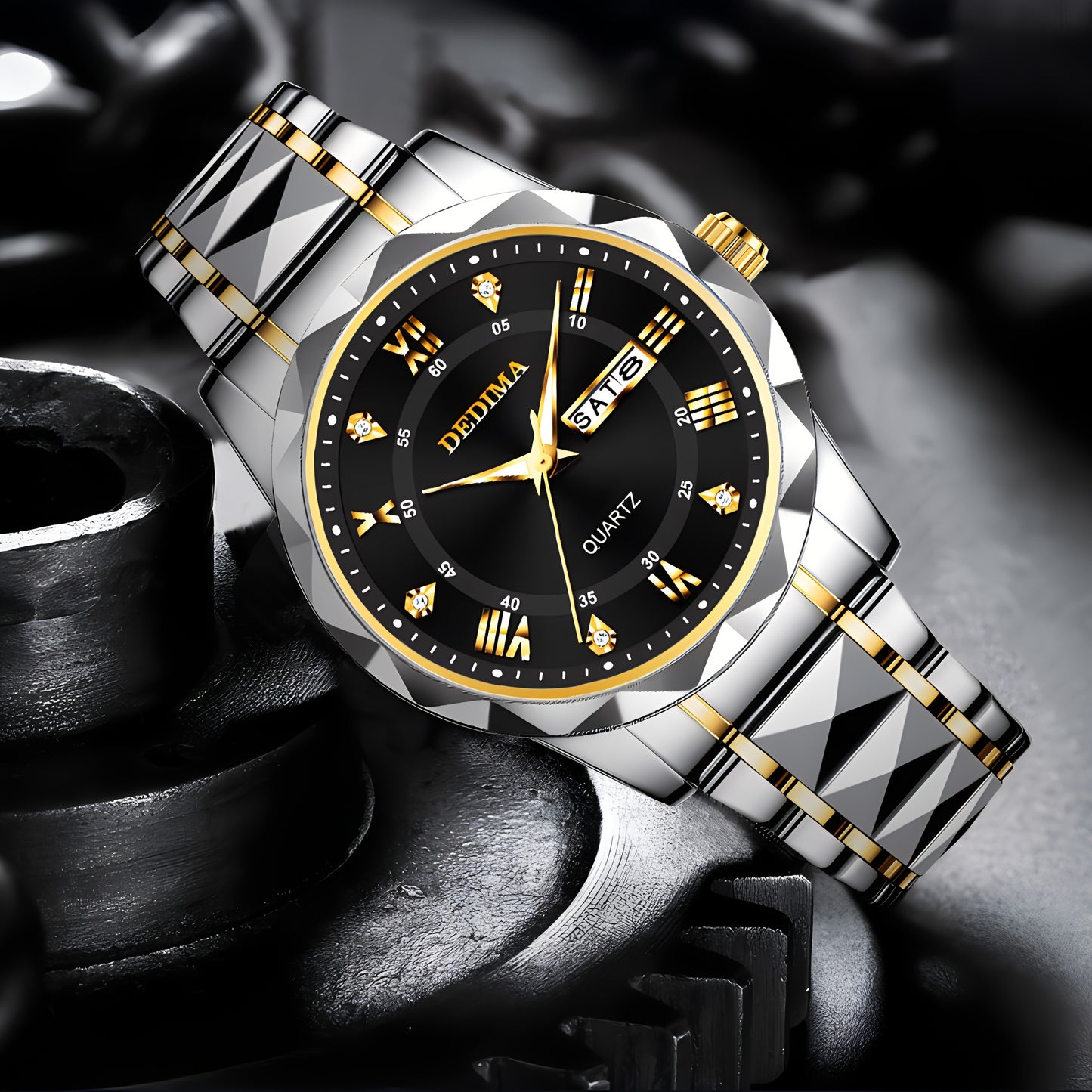 Elegant Men's Stainless Steel Watch with Dual Calendar, Luminous Display & Rhinestone Accents - Perfect for Business or Casual Wear