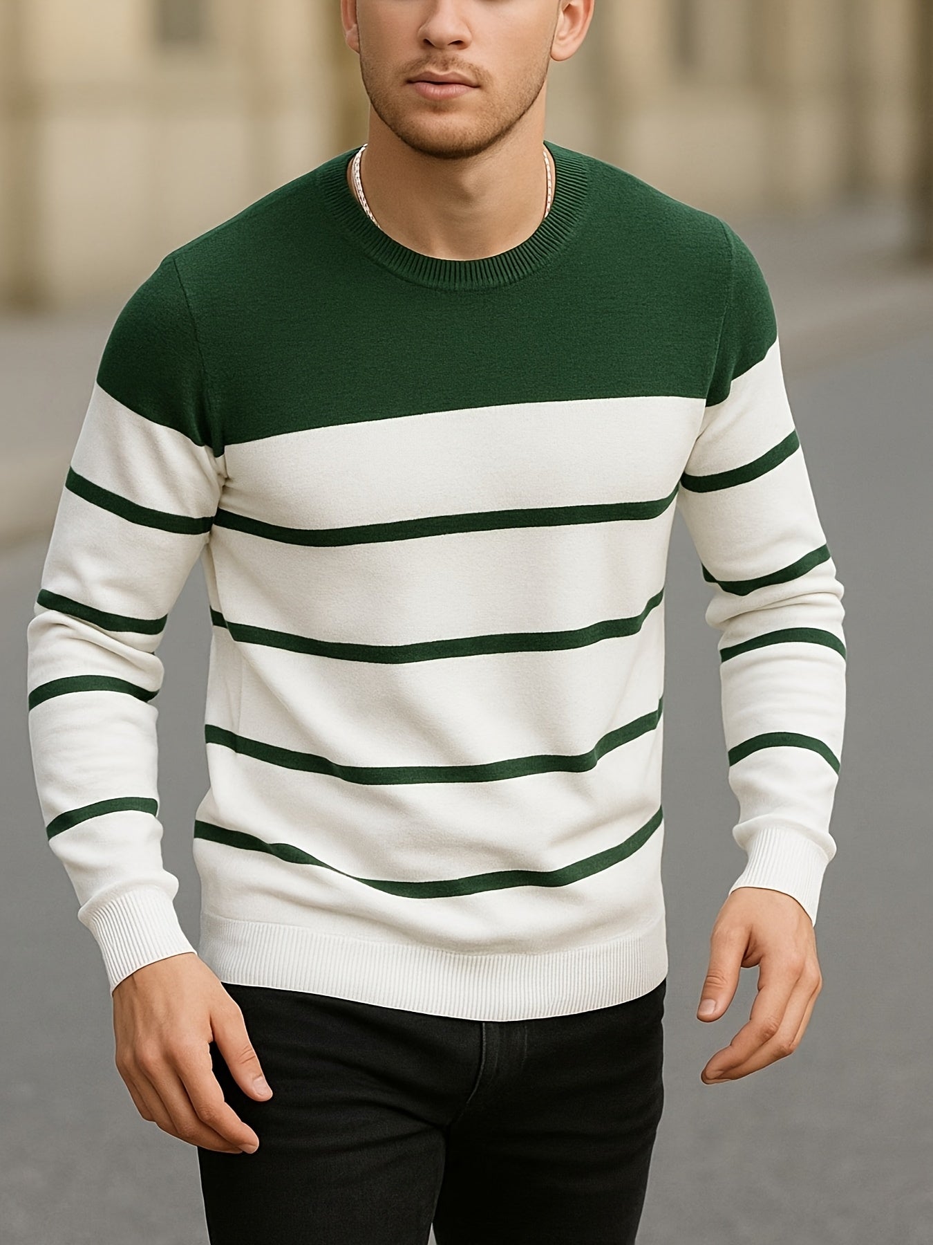 Men's Slim-Fit Striped Knit Sweater - All-Season Business Casual & Casual Attire, Navy Blue/White Horizontal Stripes with Contrast Trim, Round Neck Long Sleeve Pullover, Multi-Color Options (Black/Beige/Light Brown/Navy) - Co