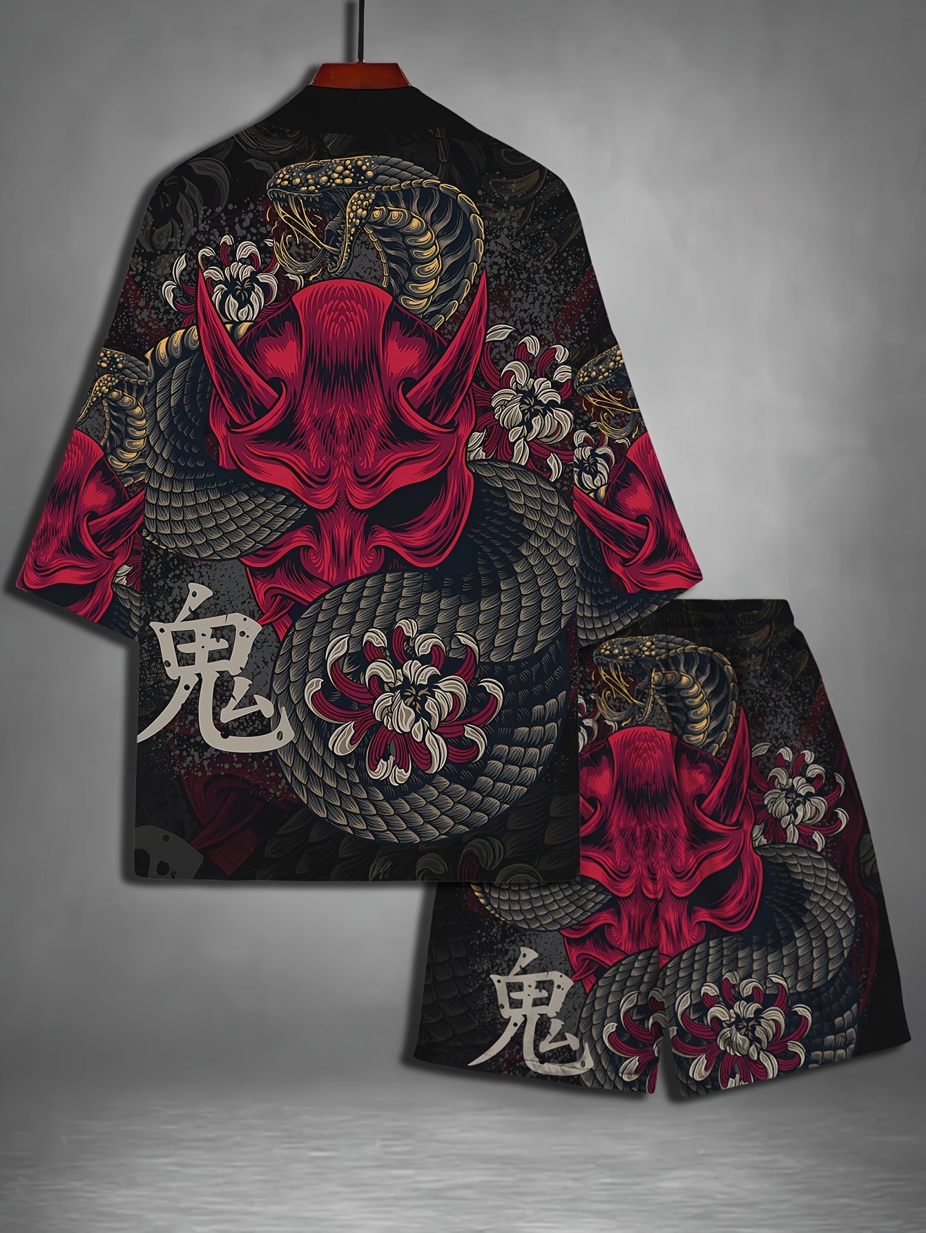 Men'S Casual Short Sleeve Open Front Beachwear Set - Black and Red Floral Print, Loose Fit, Non-Stretch Polyester, Perfect for Summer, Beach Attire|Floral Print Shorts|Polyester Fabric