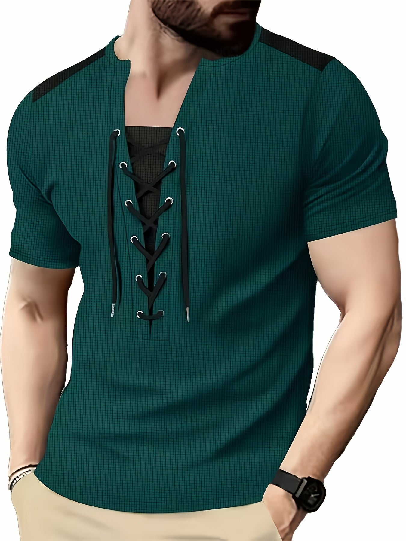 Men'S Casual Waffle Knit Short Sleeve T-Shirt with Drawstring Detail - Maroon & Black, Round Neck, Breathable Polyester Fabric for Summer Outings, Casual Weekend Wear | Round Neck Tee | Stylish Contrast Stitchin