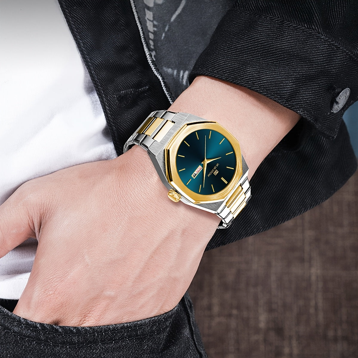 1pc Men'S Luxury Business Style Watch - Blue & Golden Stainless Steel, 42mm, Dual Calendar Quartz Movement, VA VOOM Brand, Outdoor Sports & Leisure Gift, Outdoor Sports Watch | Elegant Watch Design | Quartz Watch Movement, Lu
