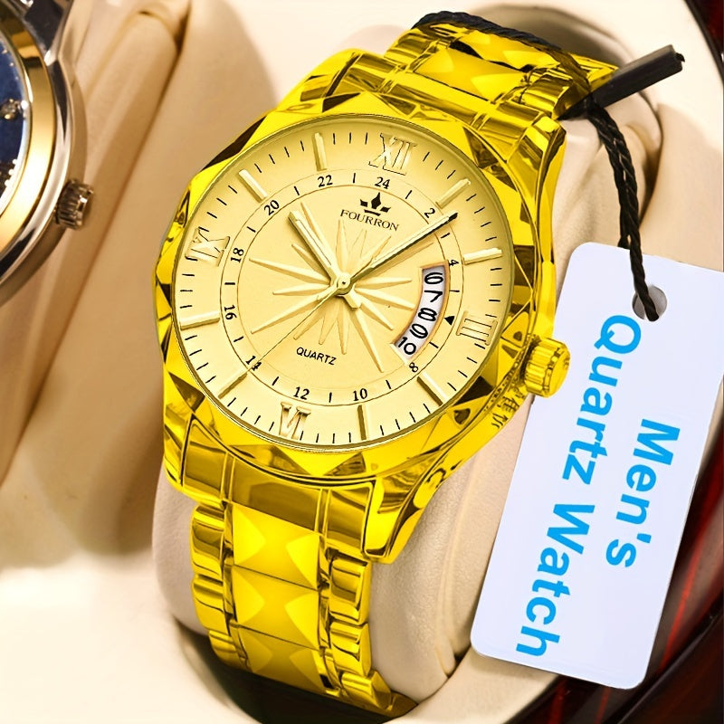 A New FOURRON Brand Men's Quartz Watch With Stainless Steel Strap And Case, Trendy And Luxurious Multi-functional Roman Numeral Dial, Luminous Watch, A Great Gift For Friends' Birthdays, Holidays, And Parties.