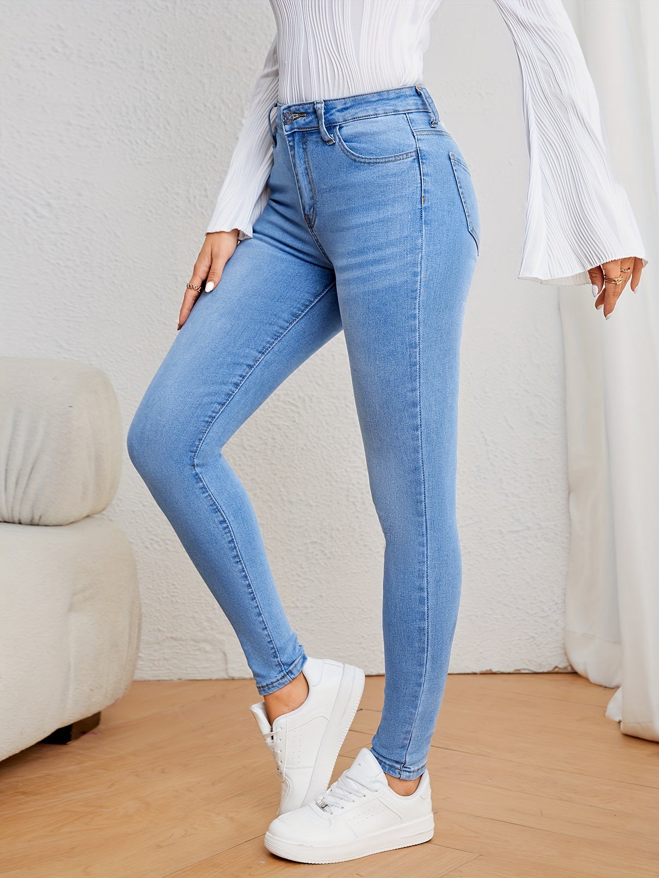 Women's Casual Plain Light Blue Skinny Jeans, Stretchy Denim Pants, Classic Design, High Waist Slim Fit For Everyday Fashion - Perfect For Fall & Winter