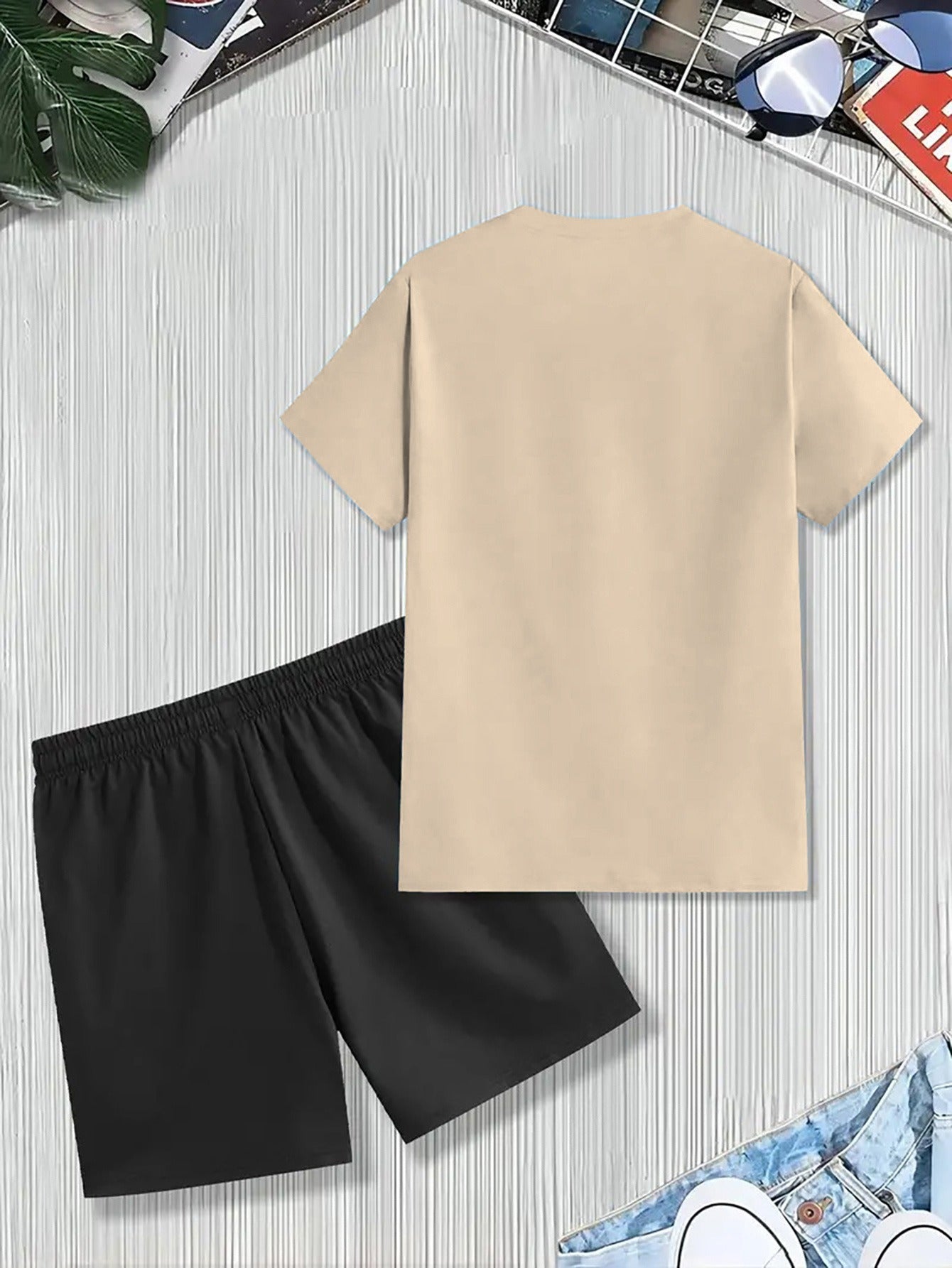 Men'S Summer Casual Sport Two-Piece Set - LADA Letter Pattern Print T-Shirt and Black Drawstring Shorts, Casual Sportswear, Regular Fit - Perfect for Summer Outdoor