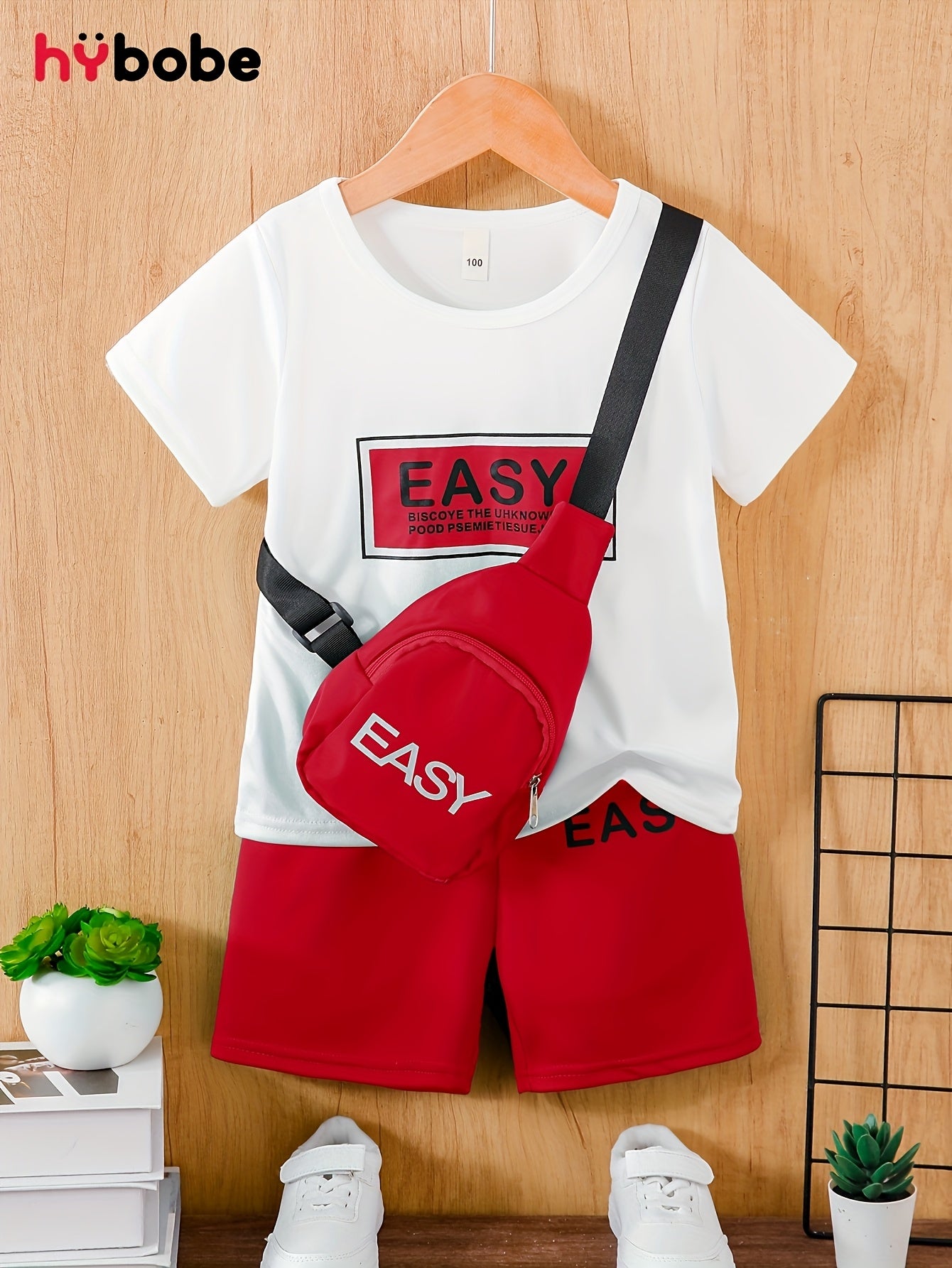 Boys' 3pcs Set White Crew Neck T-Shirt with EASY Lettering & Green Elastic Waist Shorts & Green Crossbody Bag Casual Comfortable Outdoor Outfit, Gift Idea, Perfect for Outdoor