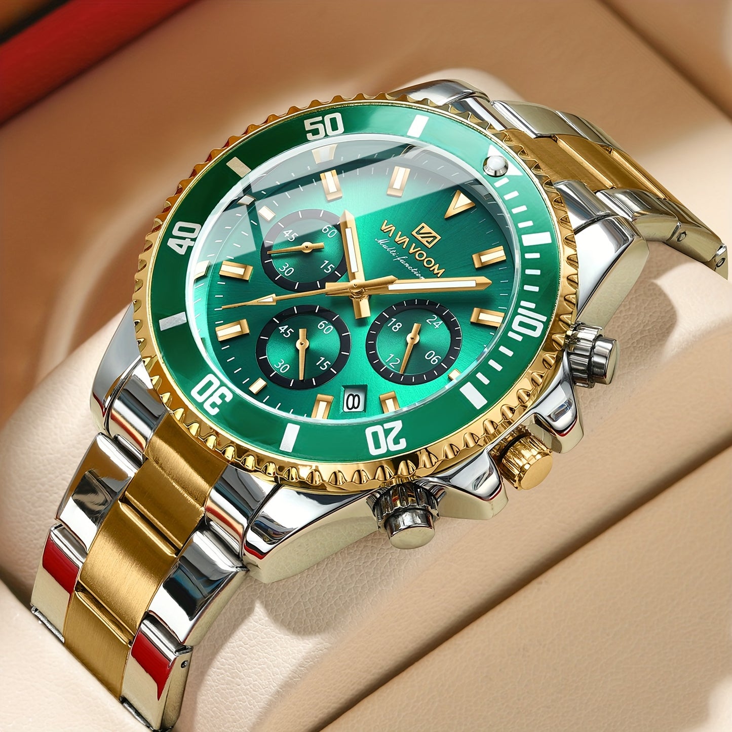 VA VA VOOM Men's Sport Watch with 3D Large Dial, Stainless Steel Band, 24Hr Chronograph, Dual Time, Calendar, Stopwatch & High Quality - Quartz Movement for Gym, Outdoor, Business Casual - Ideal Gift, Outdoor Timing Tool, Sle
