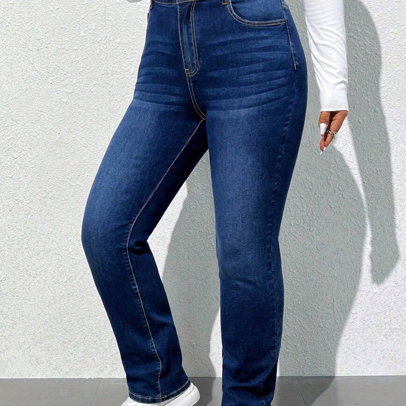 Women'S High-Waisted Straight Leg Jeans, 68.5% 25.7% Polyester 4.3% Viscose 1.5% Elastane, Casual Skinny Fit Denim Pants with Zipper Fly, All-Season Solid Color, 300g/m² Fabric Weight, Long Length - No Belt Required