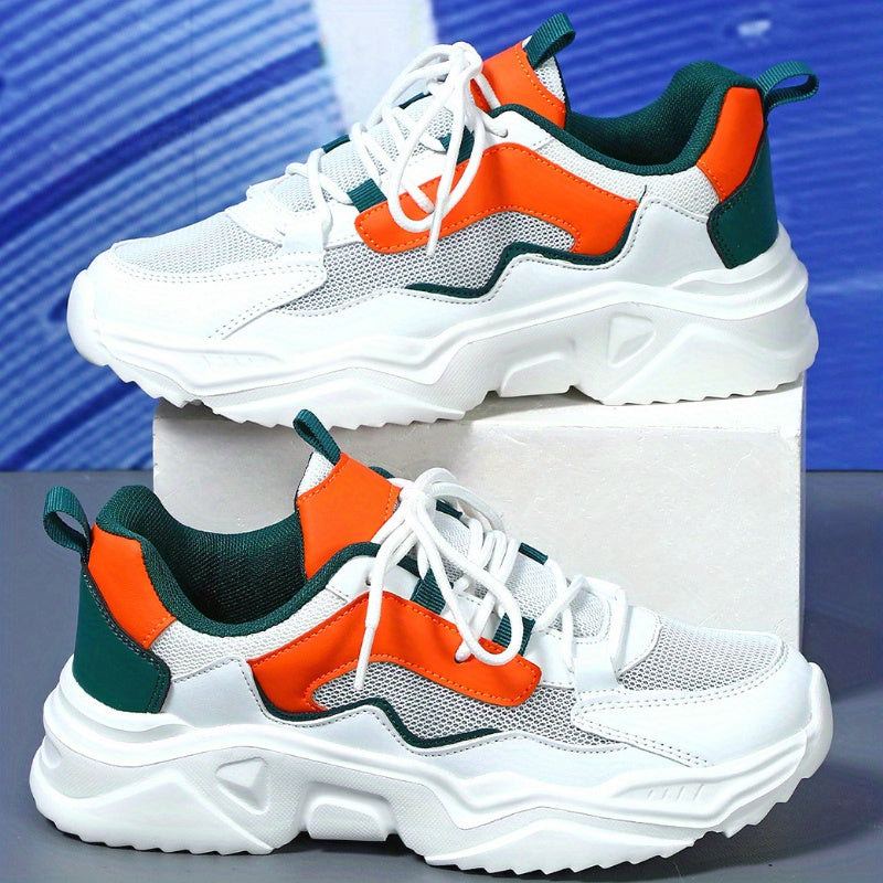 Women's Breathable Mesh Sneakers - Lightweight Lace-Up Sneakers with Contrasting Color Design, White Base with Green & Orange Accents, Perfect for Tennis, Outdoor Activities, and Casual Attire, Casual Sneakers | Casual Sneake