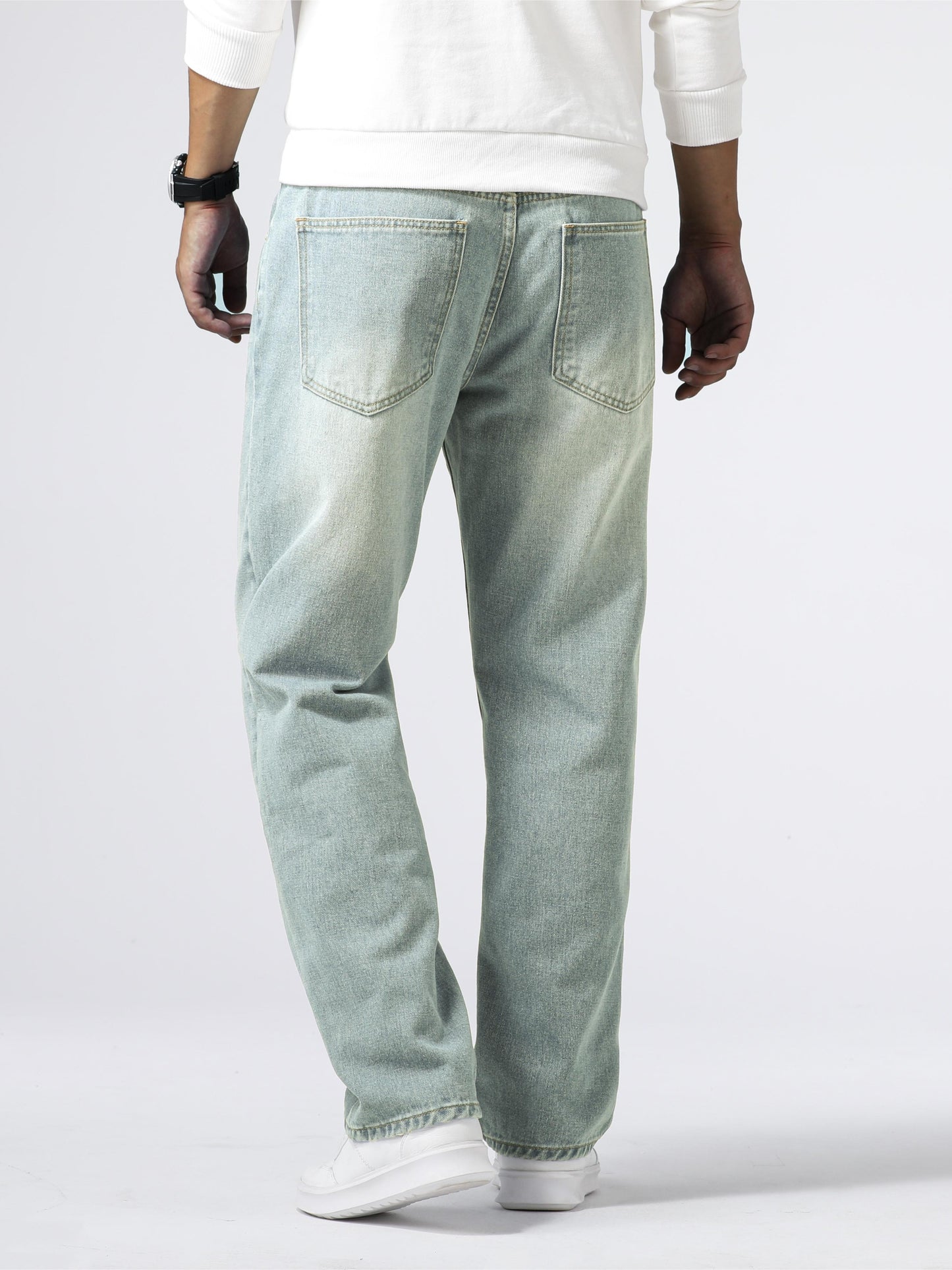 Men'S Loose Fit Straight Leg Jeans, Cotton 85% Polyester 15% Denim, Washed Solid Color Casual Style