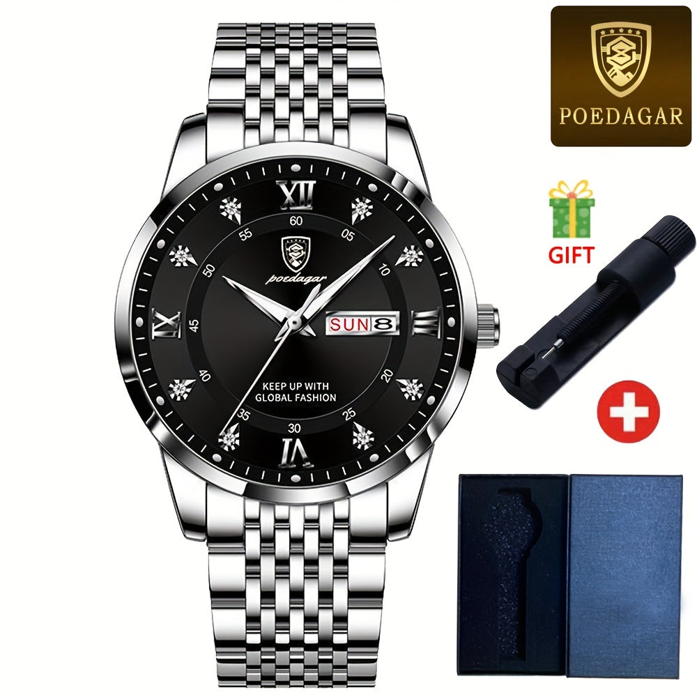 POEDAGAR Classic Men'S Stainless Steel Quartz Watch, IPX8 Luminous Weekly Calendar Watch for Men, Perfect Gift Option, Suitable for Women