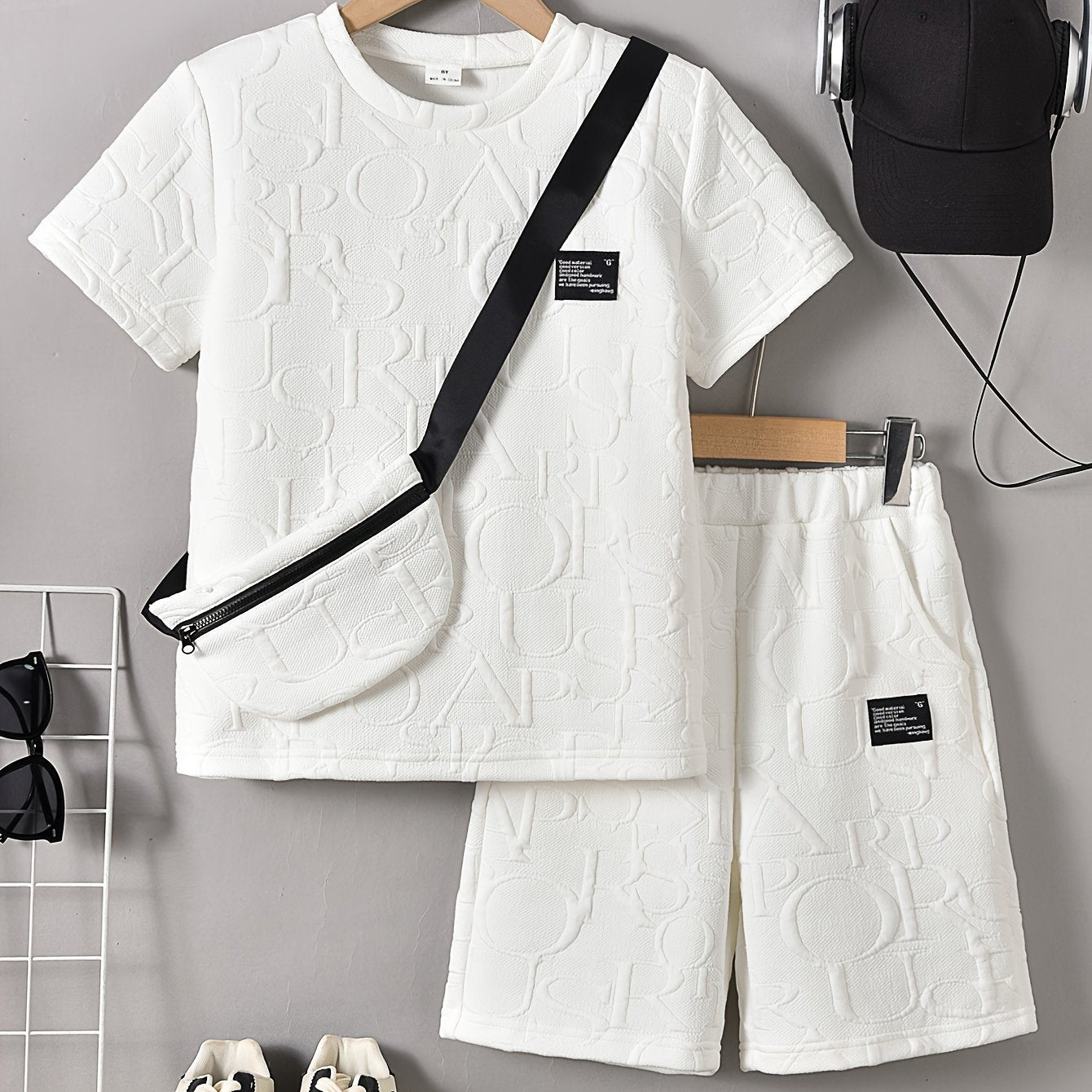 Boys' Stylish White Short Sleeve T-Shirt + Casual Shorts + Fashion Crossbody Bag Set, Perfect for Outdoor