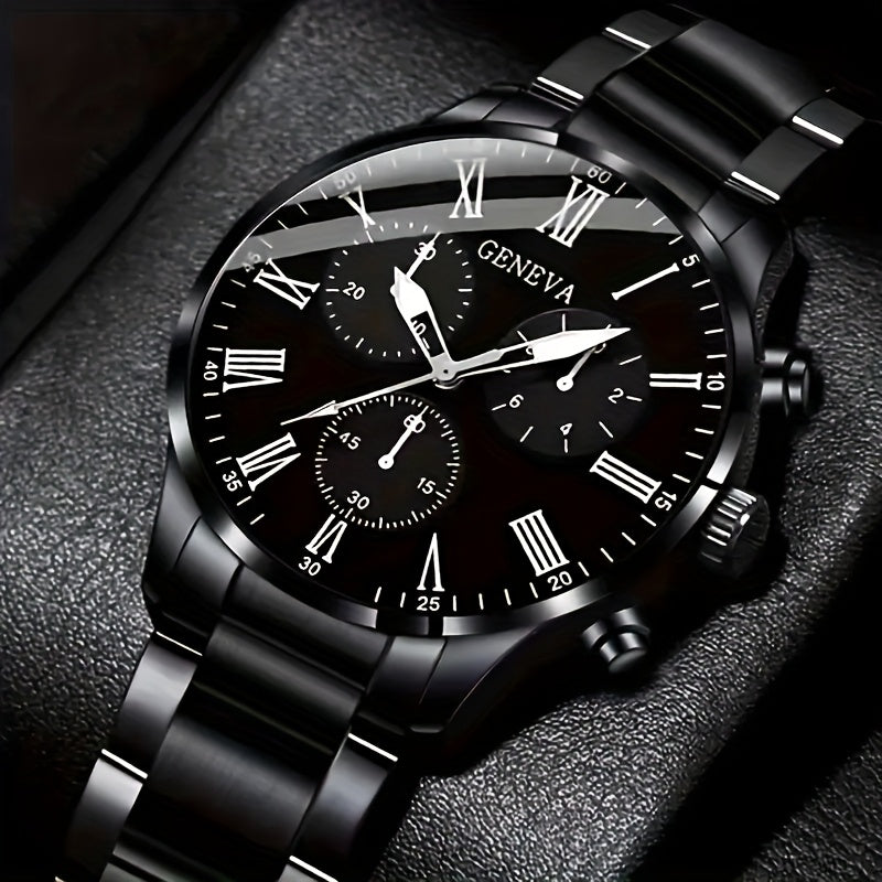 Luxury 8pcs Men'S Gift Set: Stainless Steel Quartz Watch with Calendar, Golden Arrow Necklace, Bracelet & Ring - Elegant Business Casual Accessories for Valentine's, New Year, Easter, Ramadan, Birthdays, Christmas, Halloween