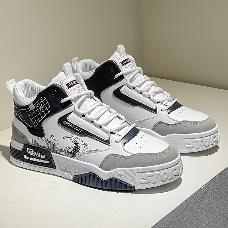 Men's High-Top Skate Sneakers - Comfortable, Non-Slip Casual Shoes for Outdoor Walking & Jogging, Stylish Striped/Solid Design, Lace-Up, All Seasons