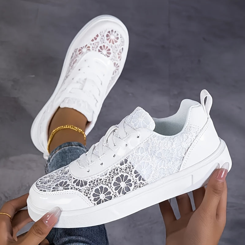 Women'S Elegant Lace Sneakers - Breathable Fabric Upper, White with Floral Pattern, Lightweight & Soft Sole, Durable EVA, Perfect for Daily Work, Sports, Summer Outings & Vacations, Casual Footwear | Elegant Sneaker | Comfort
