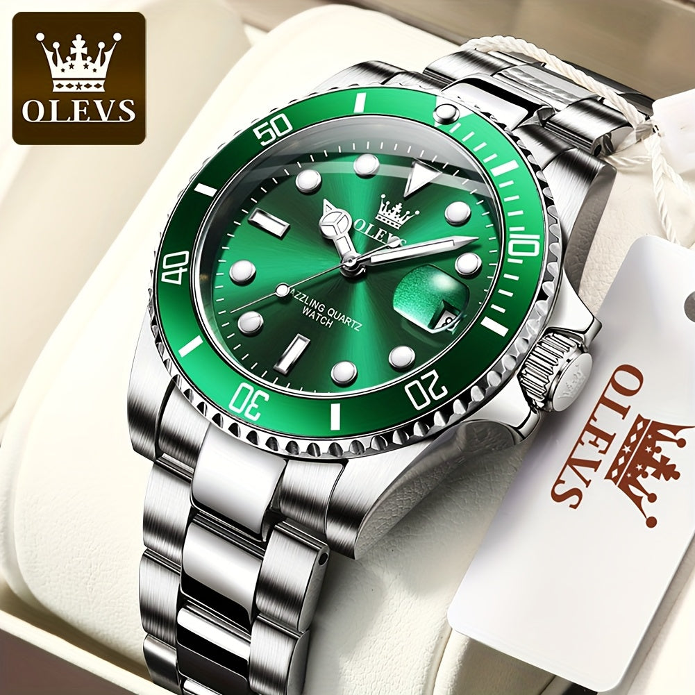 OLEVS Men'S Luxury Quartz Watch - Green Dial, Stainless Steel Band, Luminous Pointer Display, Quartz Movement, Electronic Drive, Zinc Alloy Case, Ideal for Business Casual Wea
