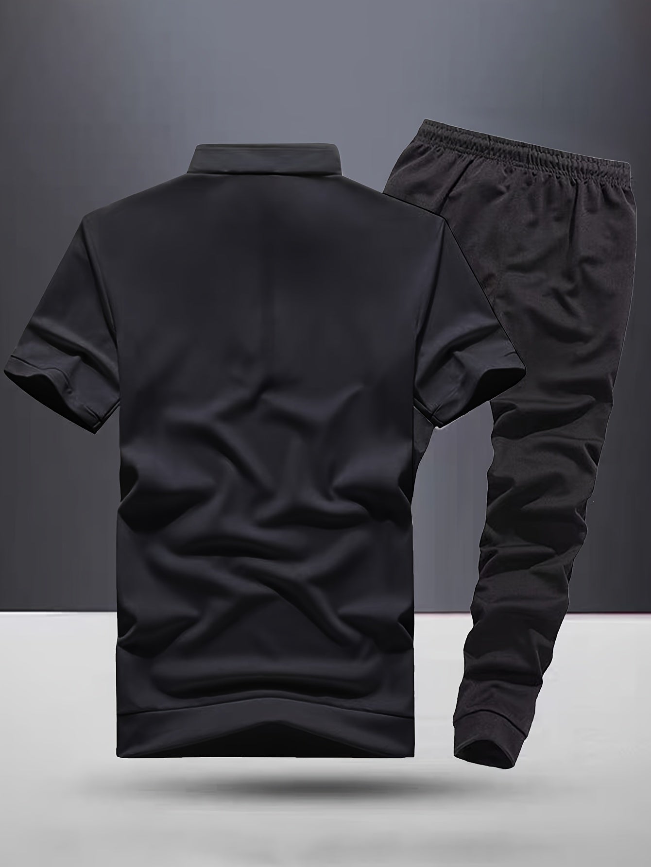 Men's Fashion Stripe Casual Suit, 2pcs Stylish Stand Collar Zippered Breathable Outfit with Short Sleeve T-Shirt and Drawstring Pants for Summer Wear